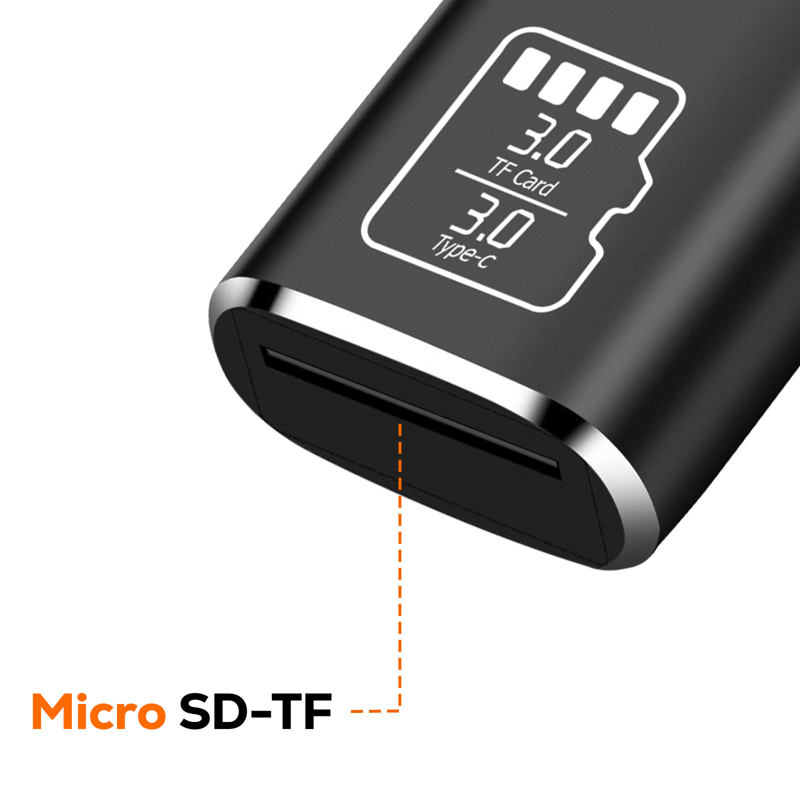 Lector de tarjetas Micro SD negro con texto blanco que indica 3.0 y TF Card/Type-C. Línea punteada naranja apunta a la ranura.