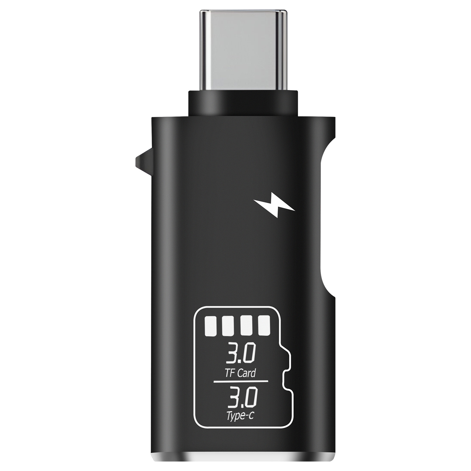 Adaptador USB-C negro con conector plateado. Tiene un símbolo de rayo y etiquetas para tarjeta TF y Tipo-C.