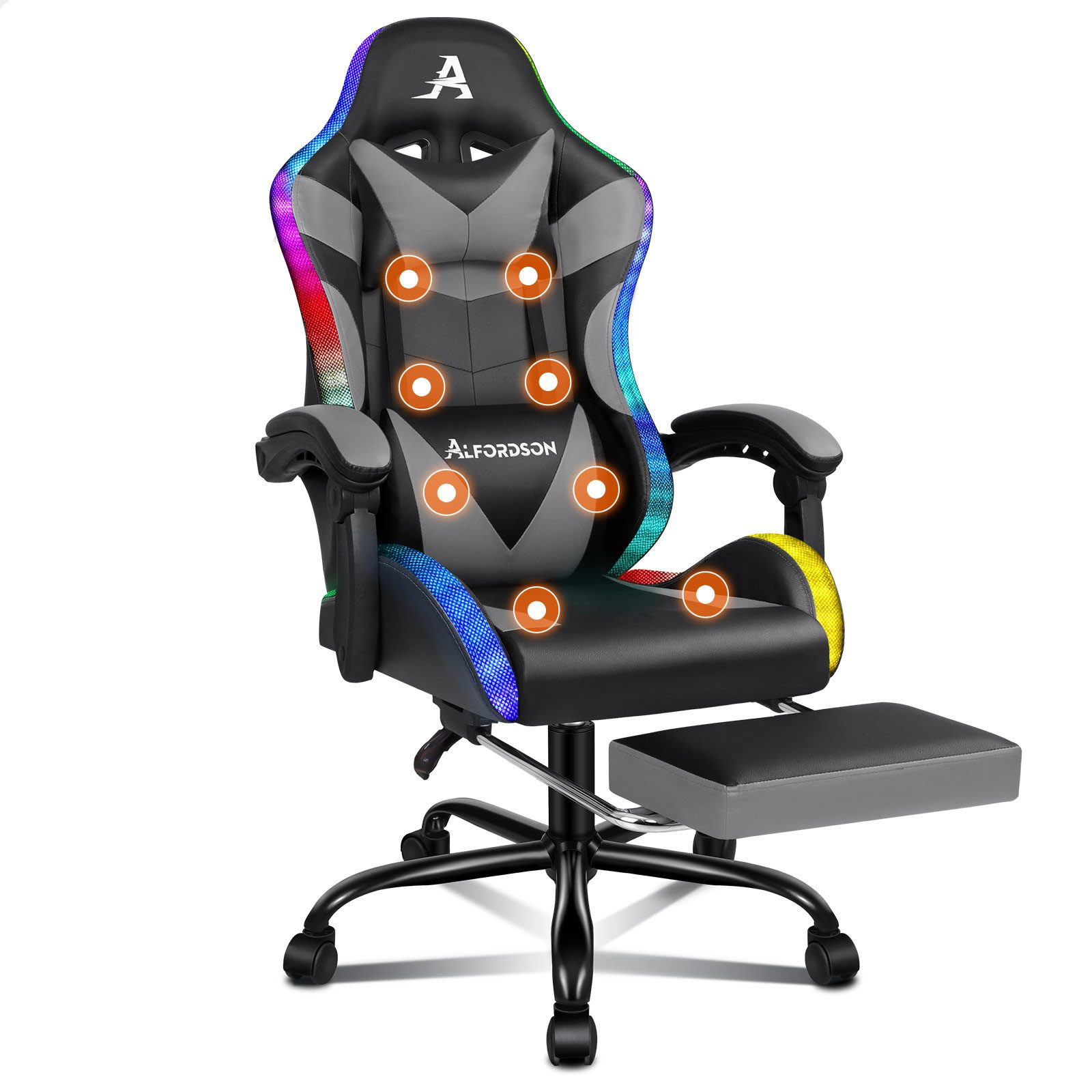 Ein Gaming-Stuhl mit LED-Leuchten. Er hat eine Fußstütze und der Markenname 'Alfordson' ist sichtbar.