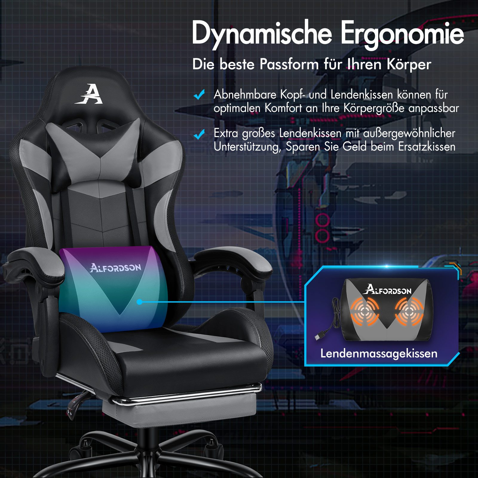 Gaming-Stuhl mit Kopfstütze und Lendenwirbelstütze. Mit dem Markennamen 'Alfordson'. Enthält ein Lendenmassagekissen.