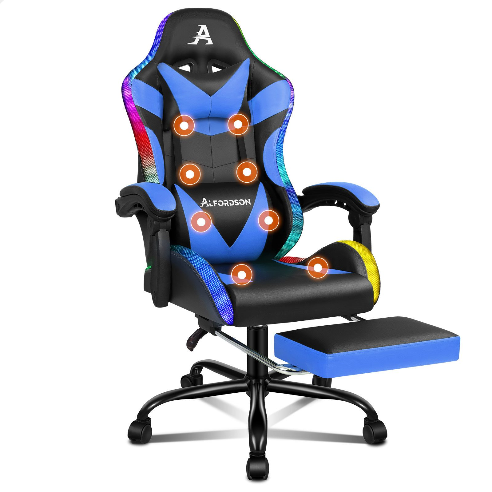 Gaming-Stuhl mit schwarzem und blauem Design, Fußstütze und LED-Leuchten. Verfügt über Markenlogo und Massagepunkte.