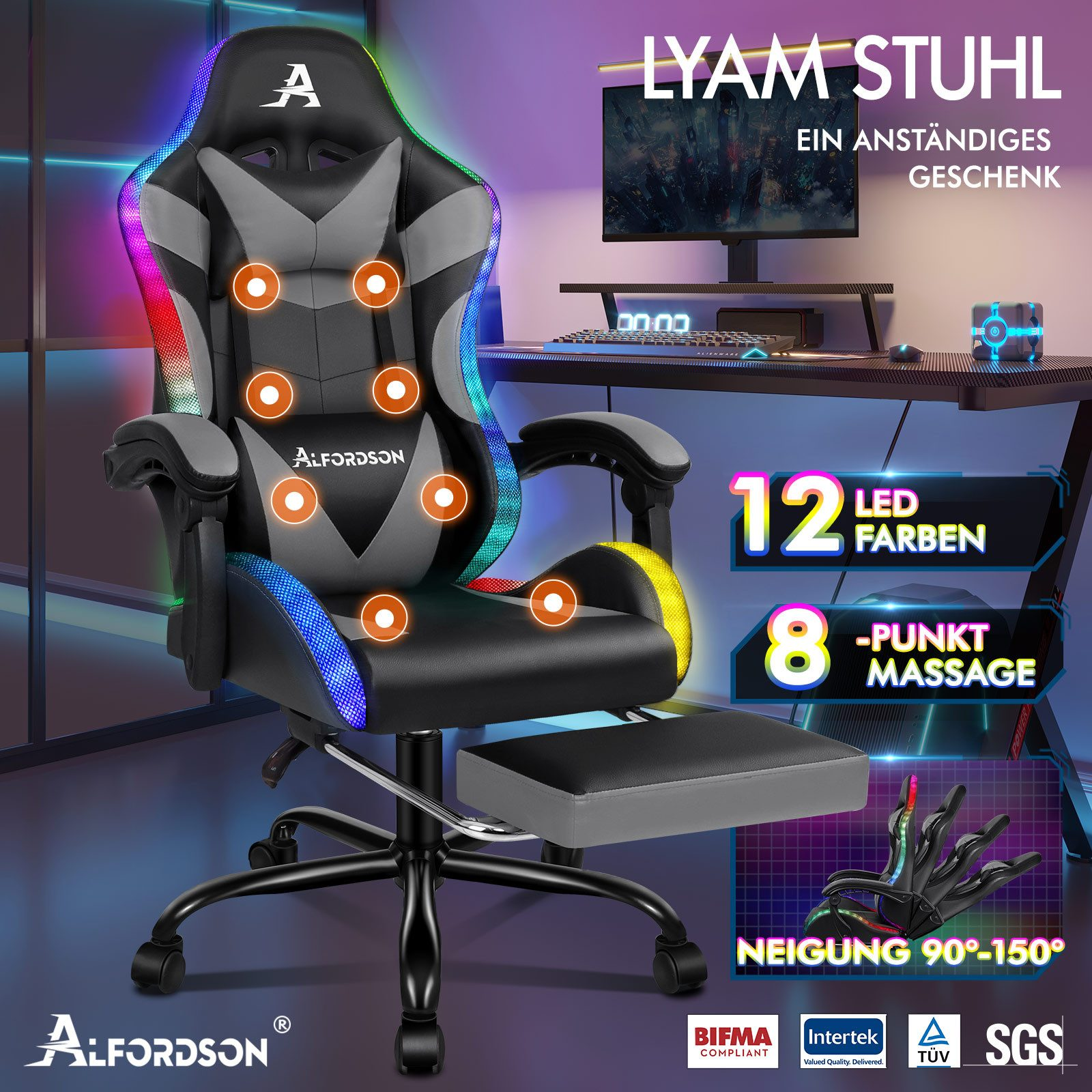 Gaming-Stuhl mit LED-Beleuchtung. Funktionen umfassen Massage, Fußstütze und verstellbare Neigung. Schwarz, Grau und Blau dominieren.