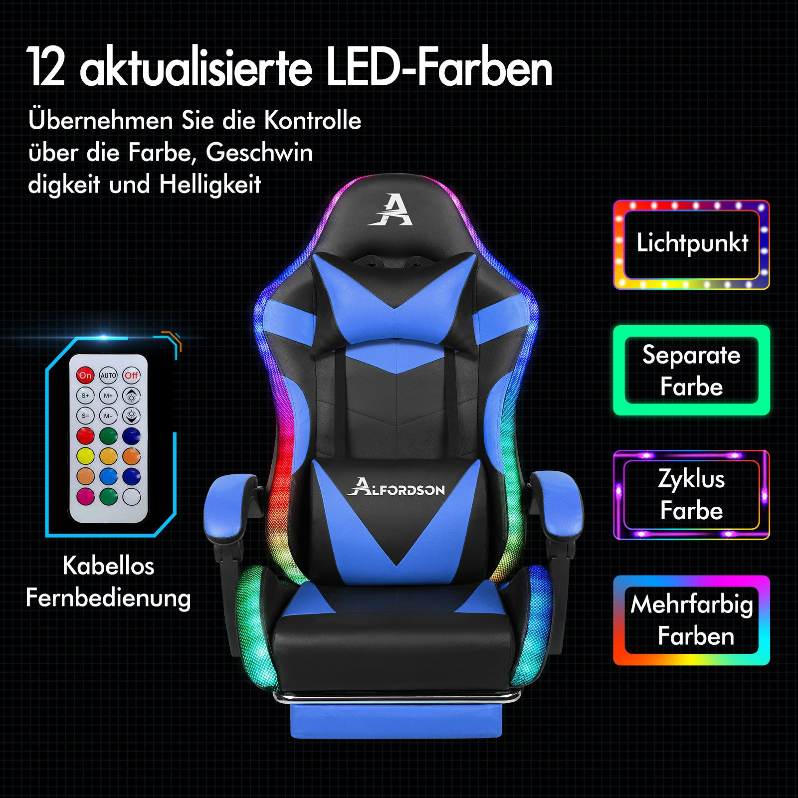 Gaming-Stuhl mit blauem und schwarzem Design, LED-Leuchten und Fernbedienung für Farbeinstellungen.