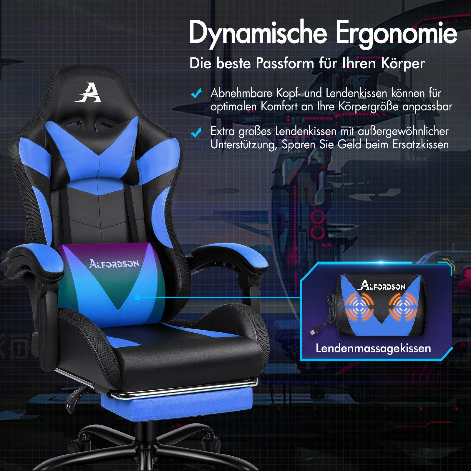 Ein Gaming-Stuhl mit blauen und schwarzen Akzenten. Zu den Merkmalen gehören eine Kopfstütze, ein Lendenkissen und ein Massagekissen.