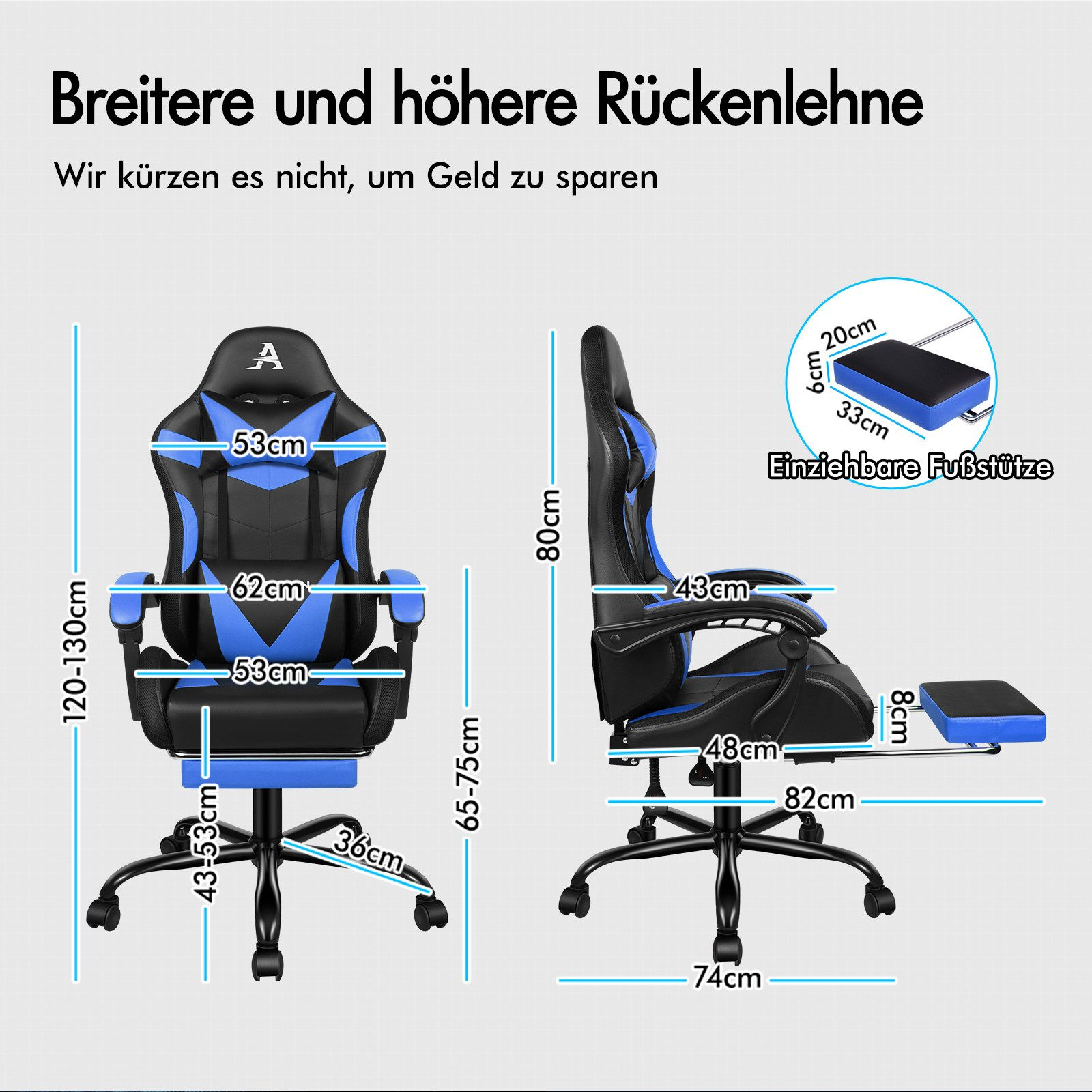 Gaming-Stuhl mit Maßen, blau-schwarzen Akzenten und ausziehbarer Fußstütze. Text enthält Größenangaben.