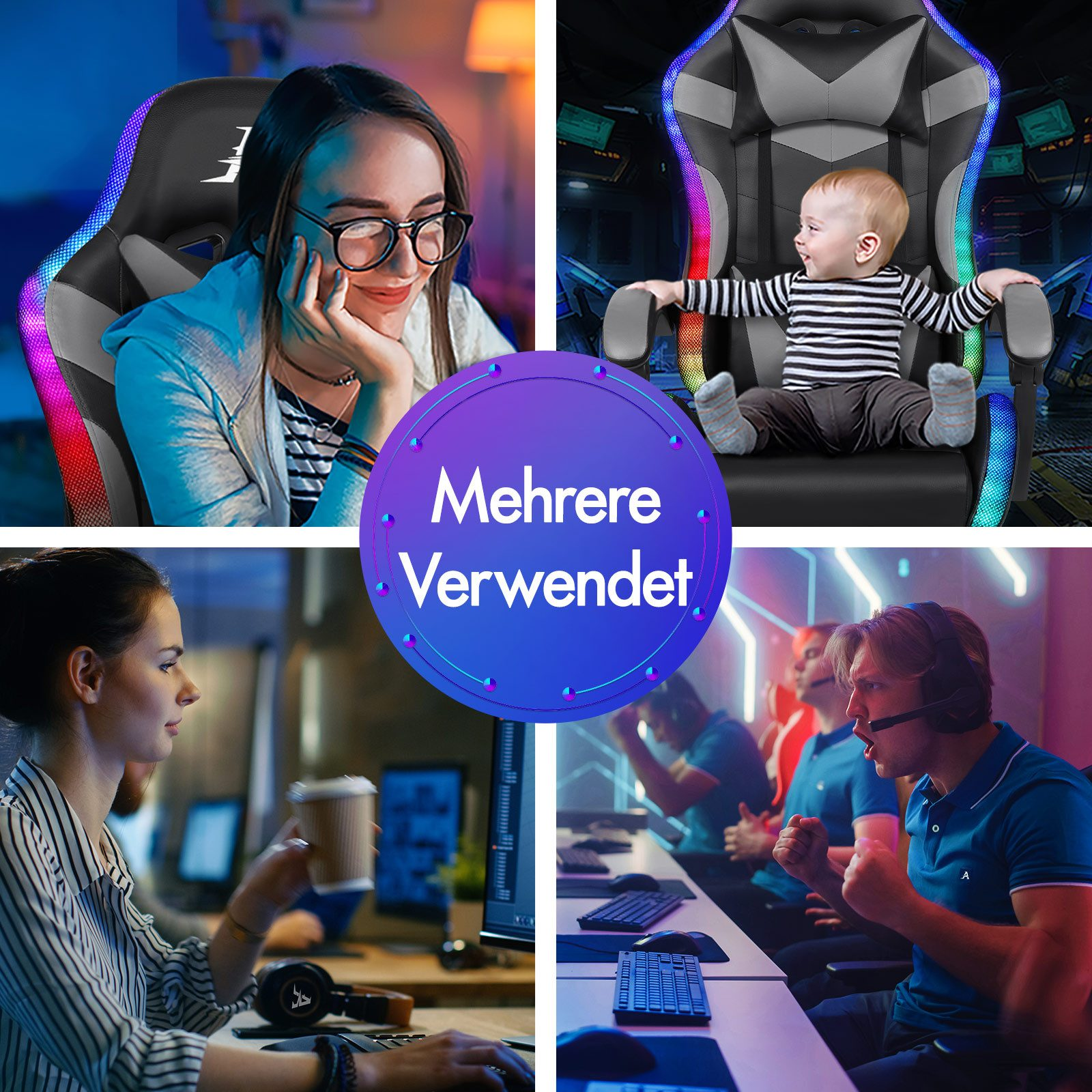 Das Bild zeigt vier verschiedene Szenarien, eine Frau in einem Stuhl, ein Baby in einem Gaming-Stuhl, eine Frau an einem Computer und Gamer.