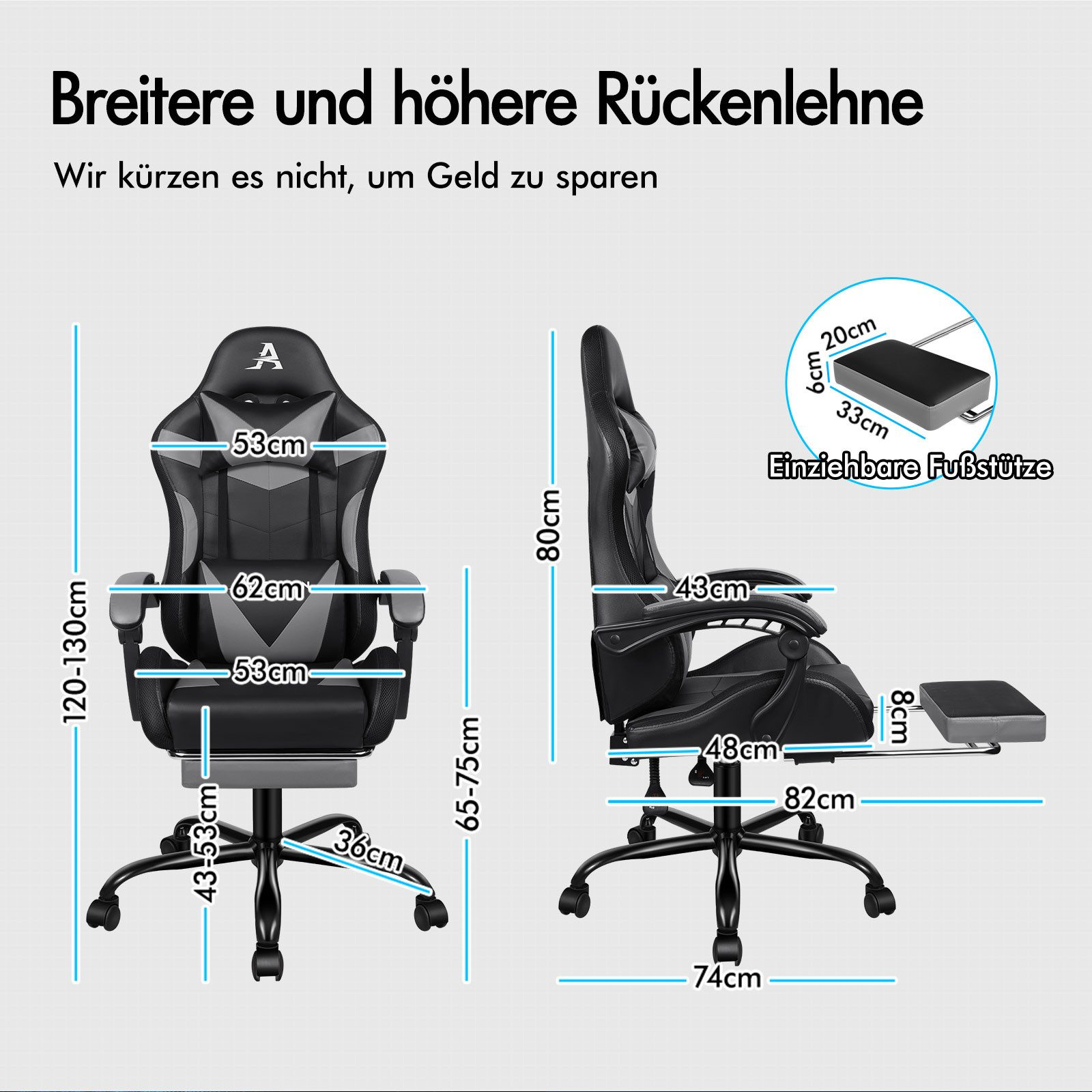 Gaming-Stuhl mit Abmessungen, einschließlich Fußstütze. Schwarz-grauer Stuhl mit Maßen. Text auf Deutsch.