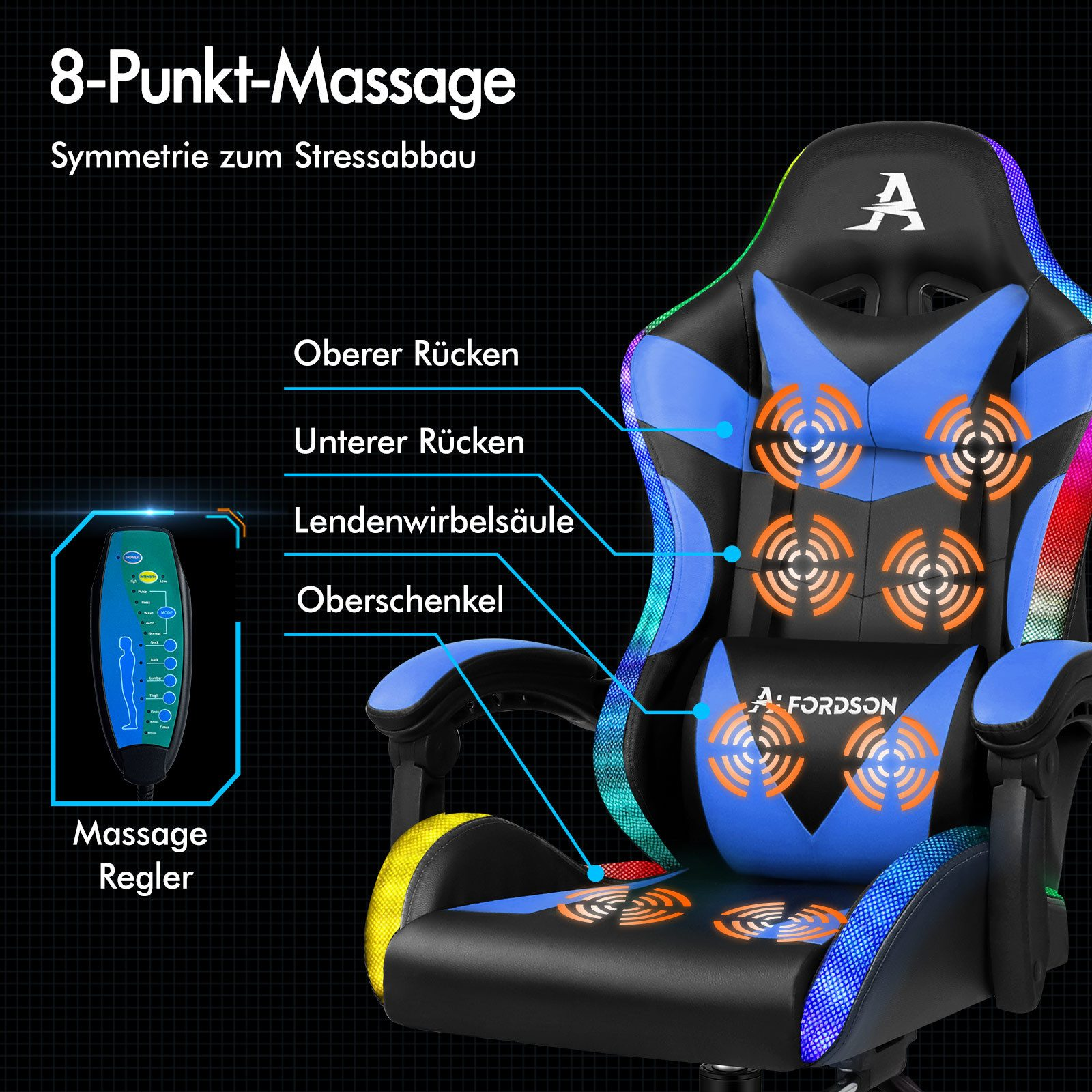 Ein Massagestuhl mit blauen und schwarzen Akzenten. Er hat 8 Massagepunkte und ein Bedienfeld.