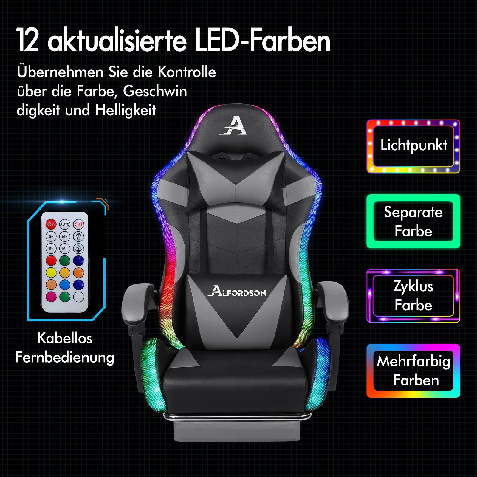 Gaming-Stuhl mit LED-Leuchten. Merkmale umfassen eine Fernbedienung und verschiedene Lichtoptionen wie Einzel- oder Mehrfarbmodi.