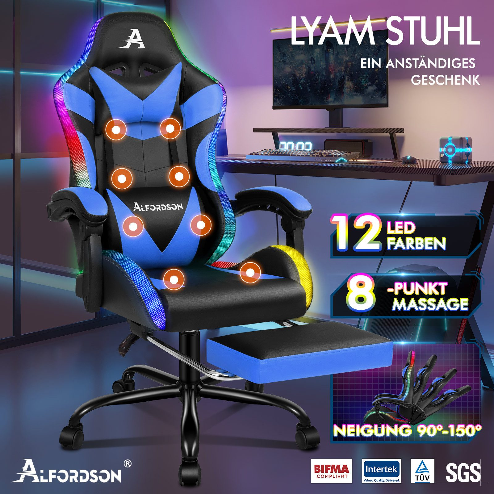 Gaming-Stuhl mit blauen und schwarzen Details, LED-Leuchten und Fußstütze. Enthält Text über Massage und Neigung.