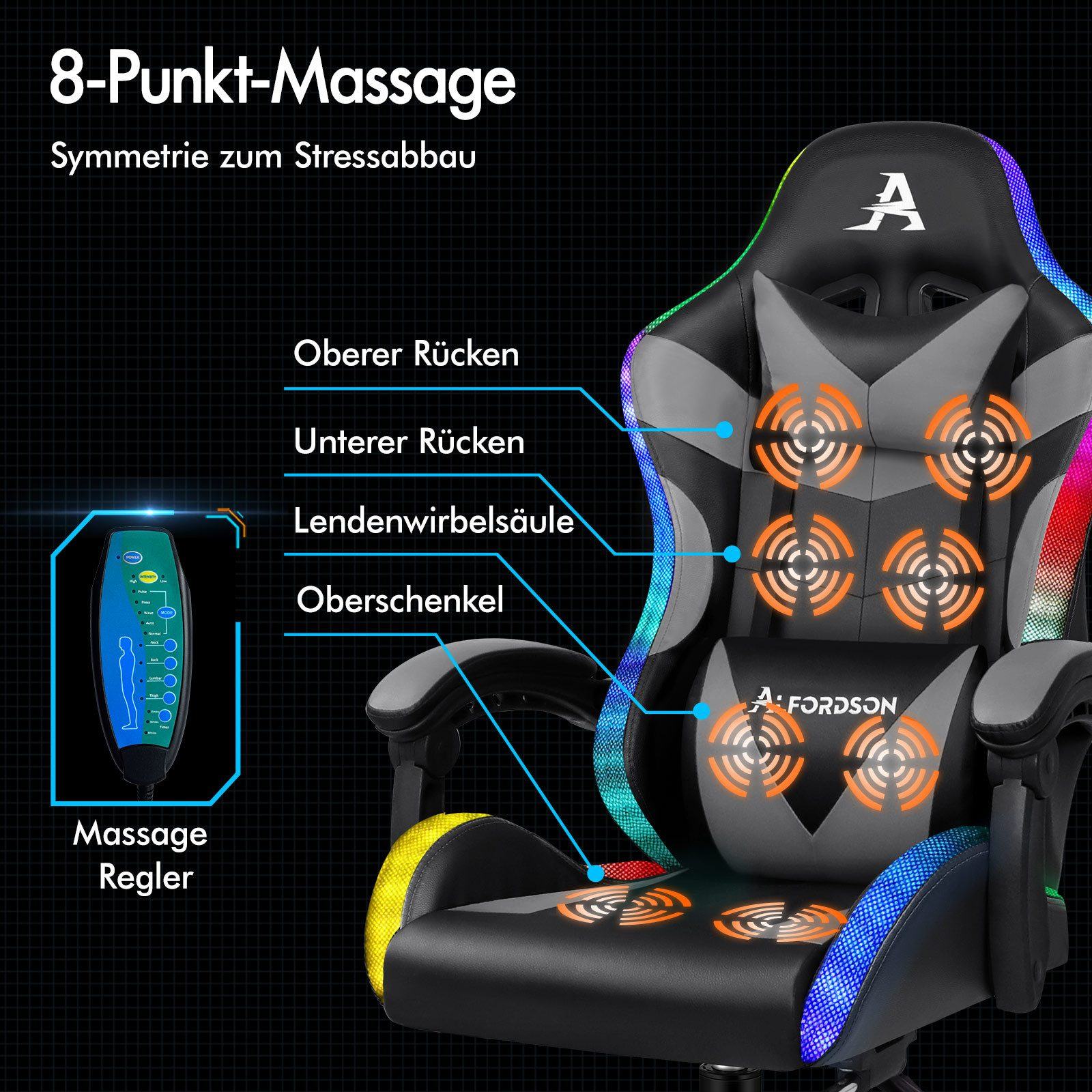 Ein ergonomischer Massagestuhl mit beschrifteten Rückenmassagezonen. Er hat eine Fernbedienung, und die Marke ist Fordson.