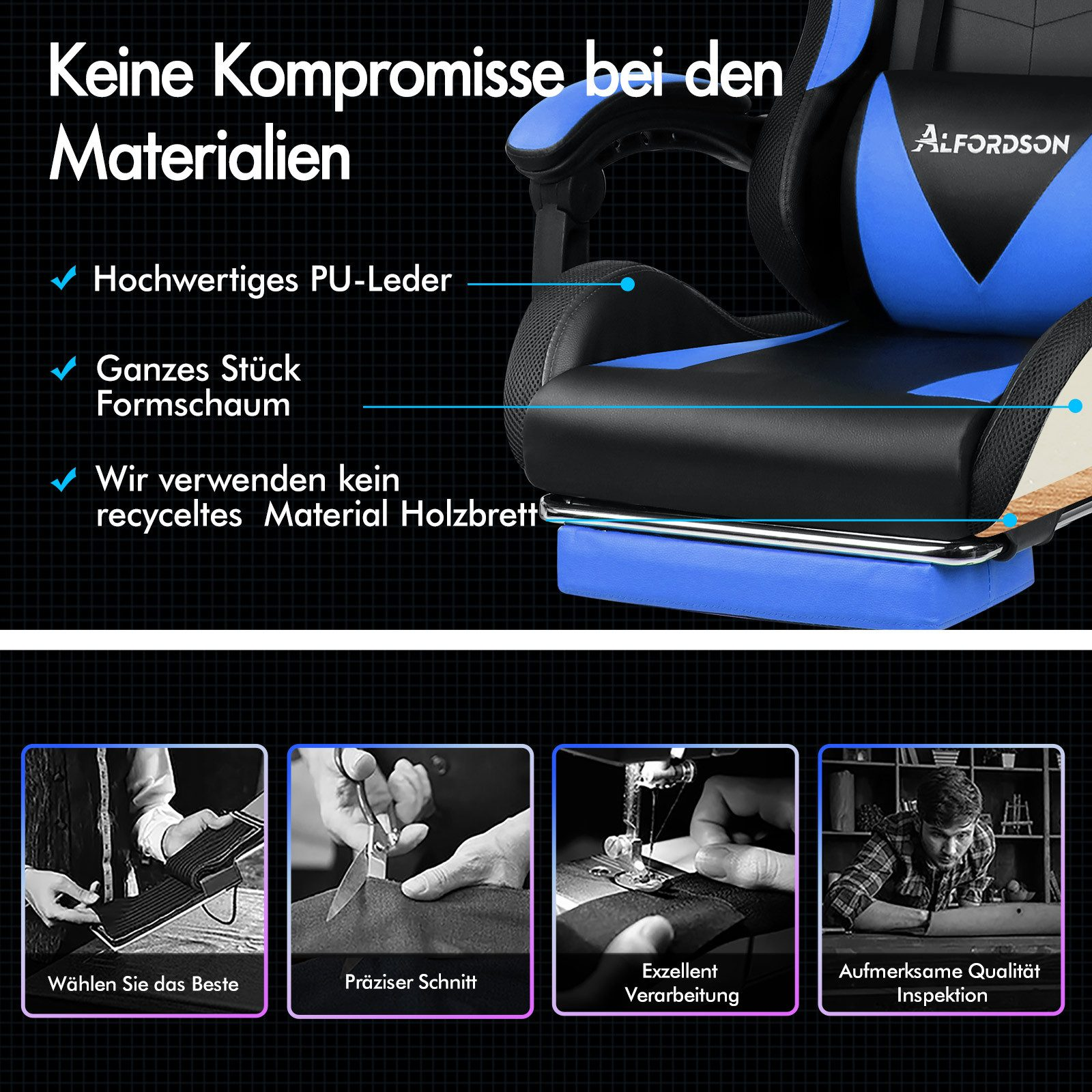 Detail des Gaming-Stuhls. Blaue und schwarze Farben. Text erwähnt PU-Leder, Formschaum und Holzplatten.