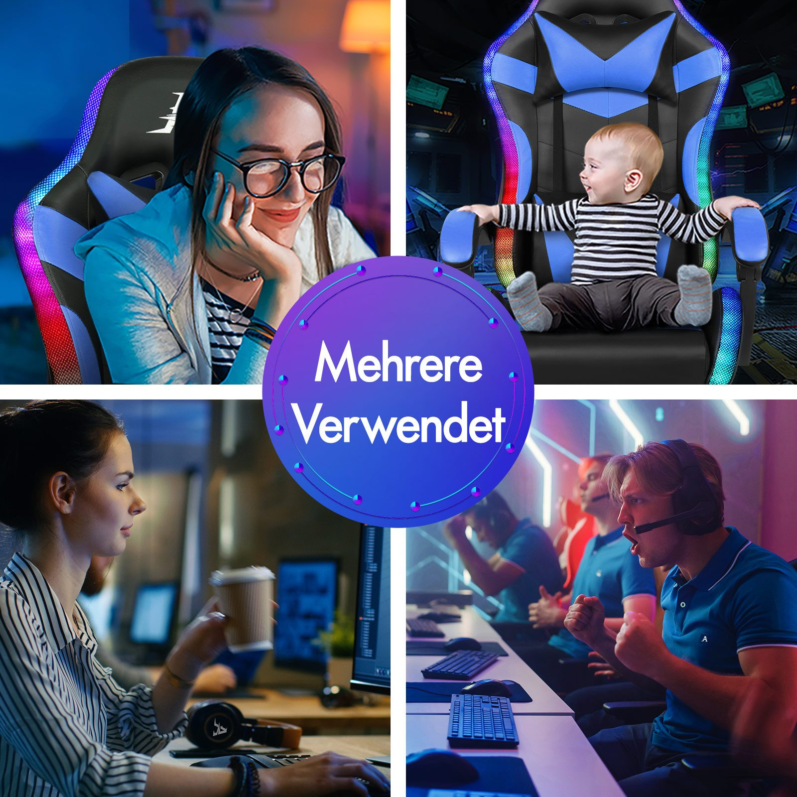 Vier Bilder zeigen Menschen, die Gaming-Stühle benutzen, an Computern arbeiten und Spiele spielen. Ein zentrales Logo lautet 'Mehrere Verwendet'.