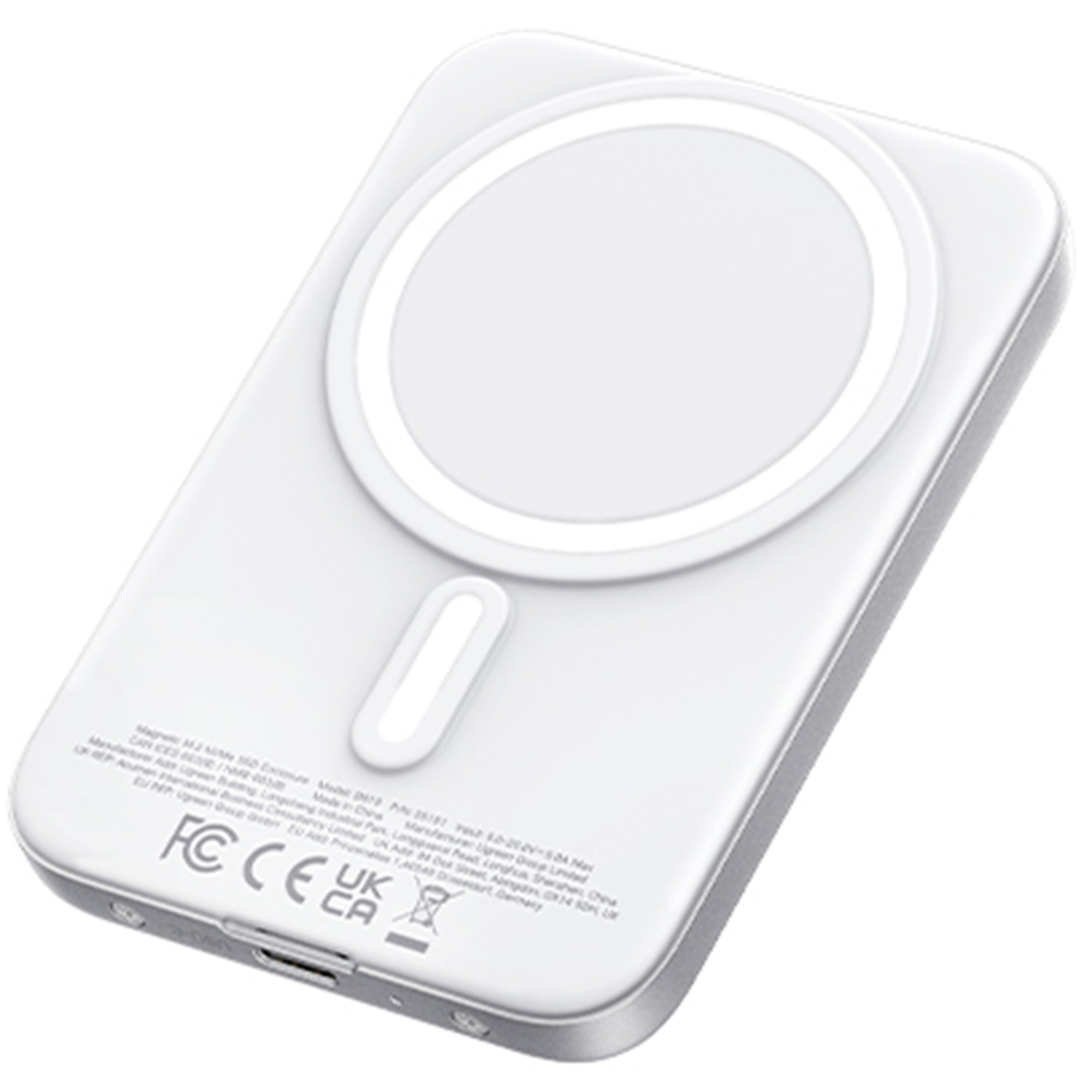Biała ładowarka bezprzewodowa ze srebrną obwódką. Ma okrągłą podkładkę ładującą, pionowy wskaźnik i tekst z tyłu.