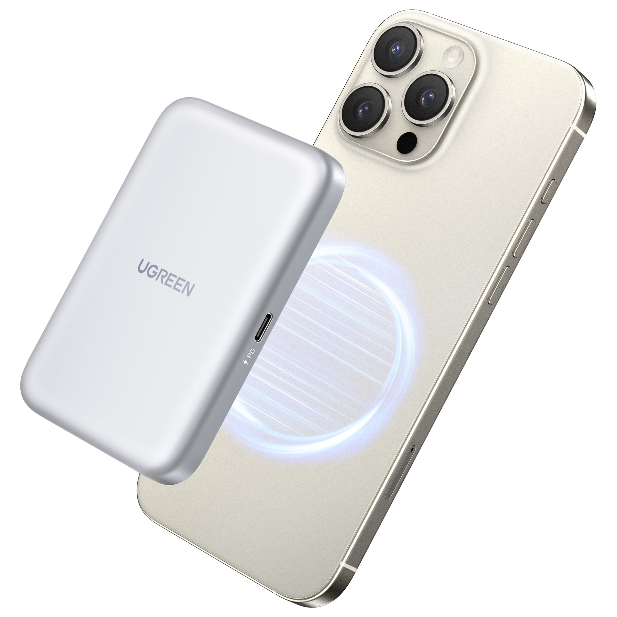 Biały power bank UGREEN jest obok złotego iPhone'a. Telefon ma trzy kamery. Telefon ładuje się bezprzewodowo.