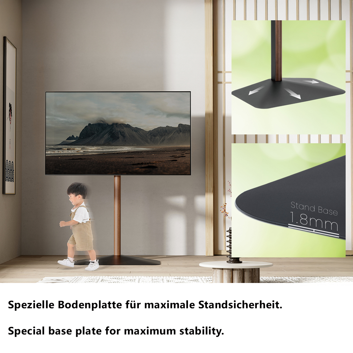 Ein Kind geht an einem Fernseher auf einem Ständer vorbei. Der Fernseher zeigt eine Berglandschaft. Details des Ständersockels sind zu sehen.