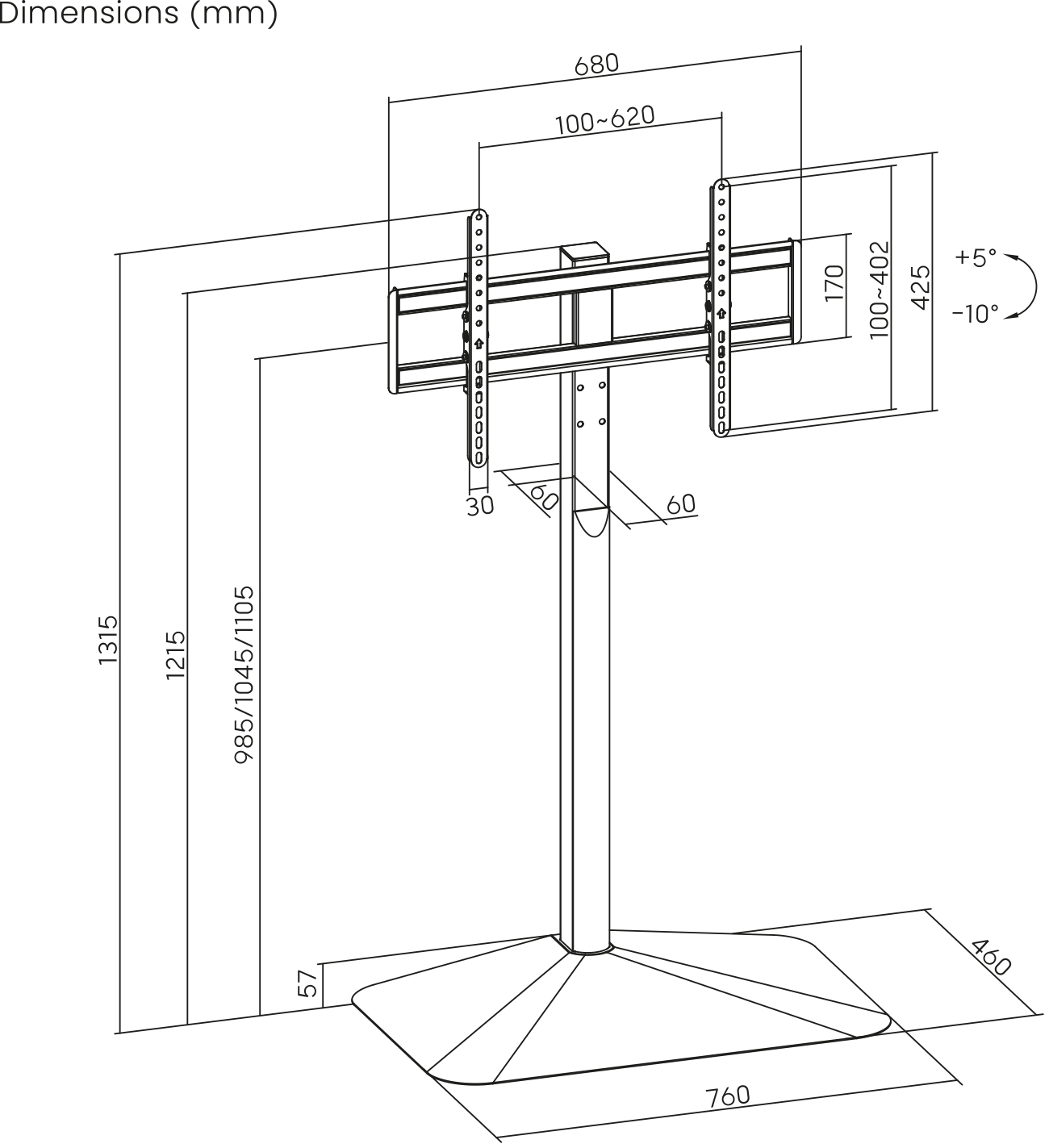 Diagramm eines TV-Ständers mit Abmessungen in Millimetern. Es zeigt die Höhe, Breite und Winkeleinstellungen.