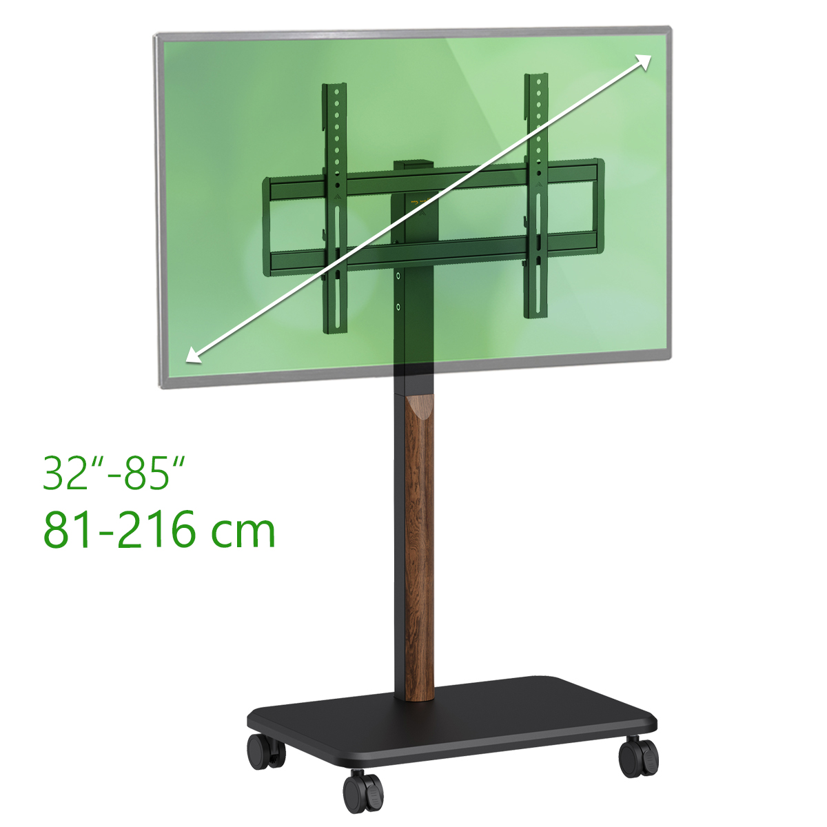 Ein TV-Ständer mit Bildschirm. Der Ständer ist schwarz mit Rollen. Die Bildschirmgröße reicht von 32" bis 85".