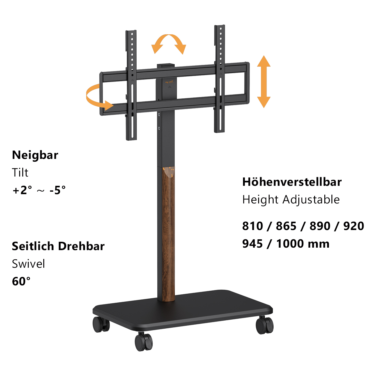 Ein schwarzer TV-Ständer mit höhen- und neigungsverstellbarer Funktion, auf Rollen. Er hat Holzakzente und eine Schwenkfunktion für 60 Grad.