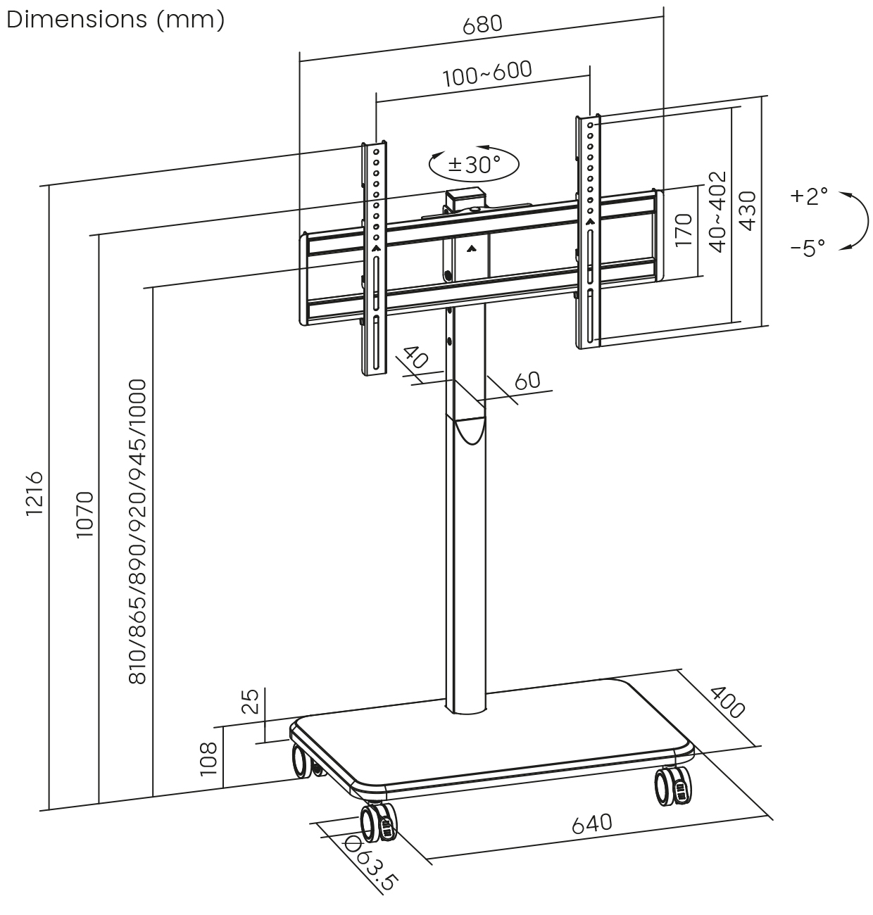 Diagramm eines TV-Ständers mit Abmessungen in Millimetern. Enthält eine Basis mit Rädern, eine Mittelsäule und eine Halterung.