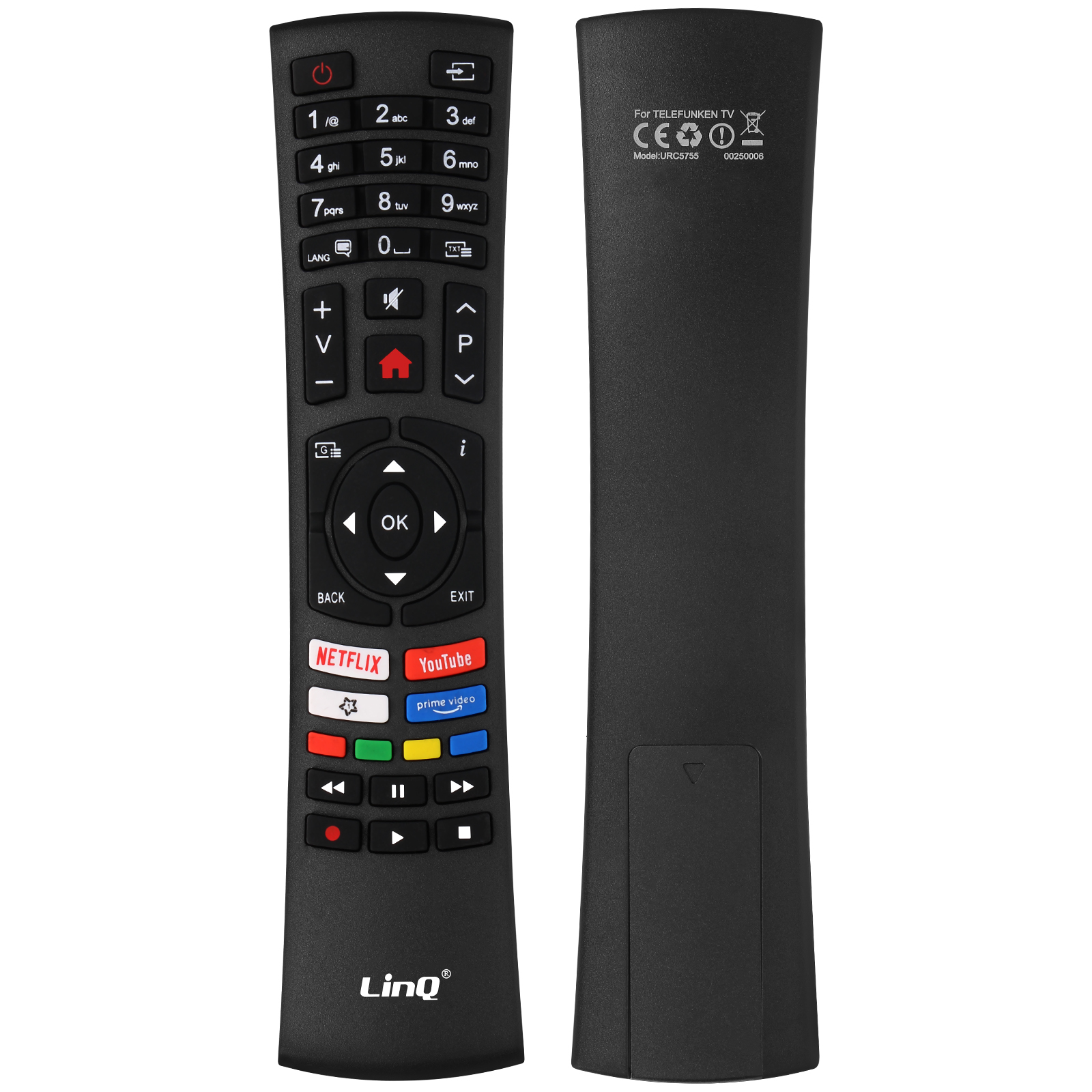 Télécommande noire avec boutons, dont Netflix et YouTube. L'arrière contient les informations de la marque.