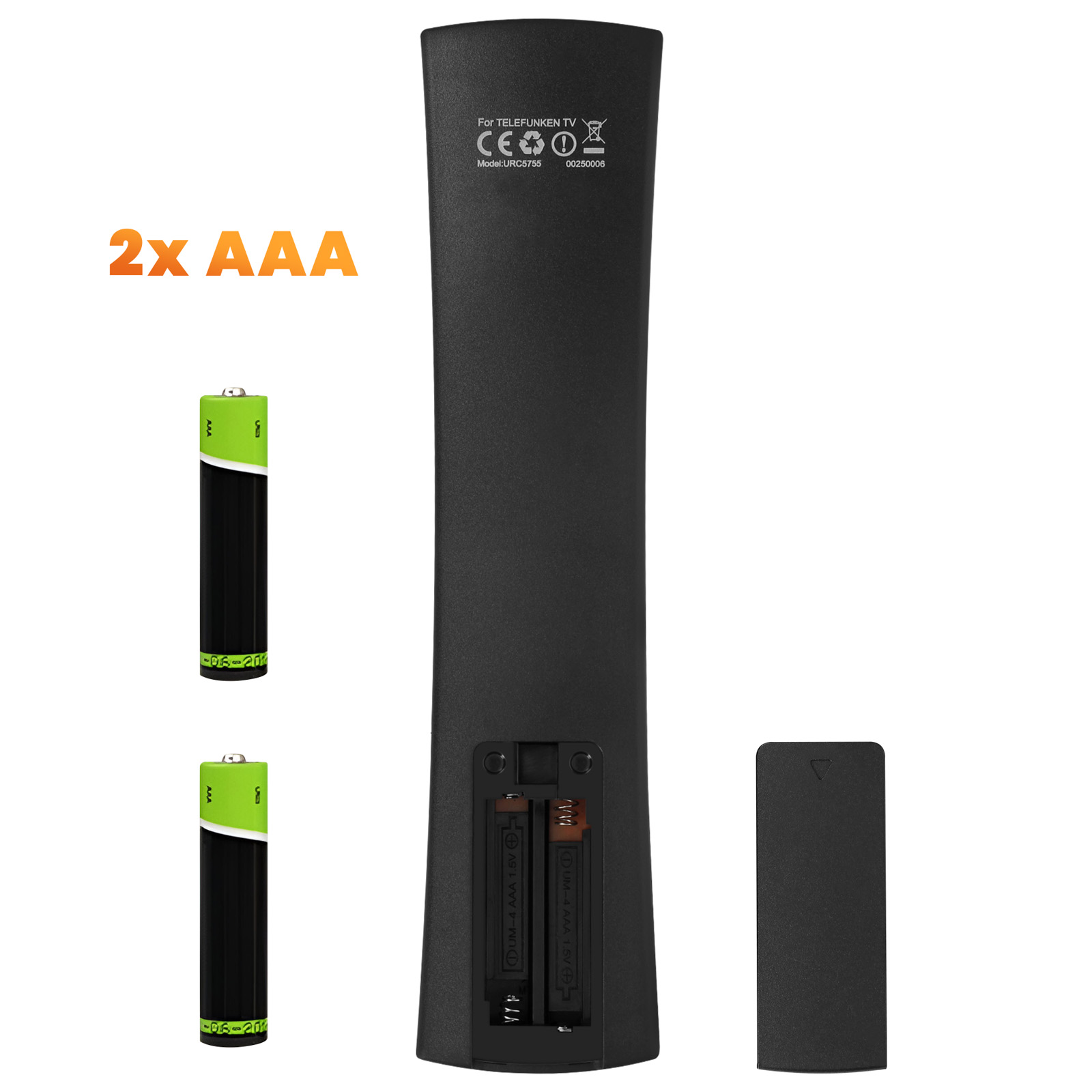 Une télécommande avec piles. Deux piles AAA sont à côté de la télécommande. La télécommande est noire.