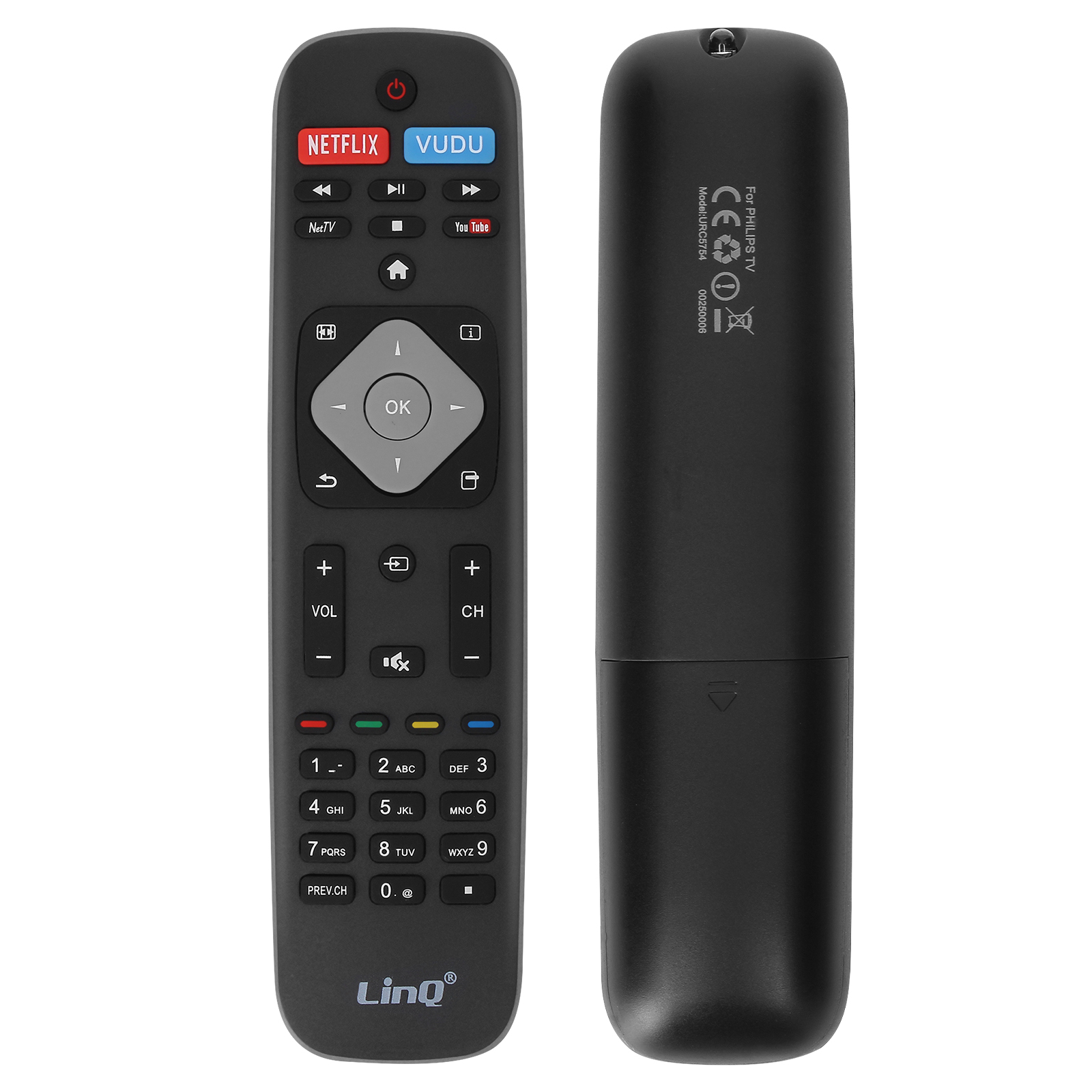 Mando a distancia negro con botones para Netflix, Vudu y YouTube. Tiene un panel de navegación central y teclas numéricas.