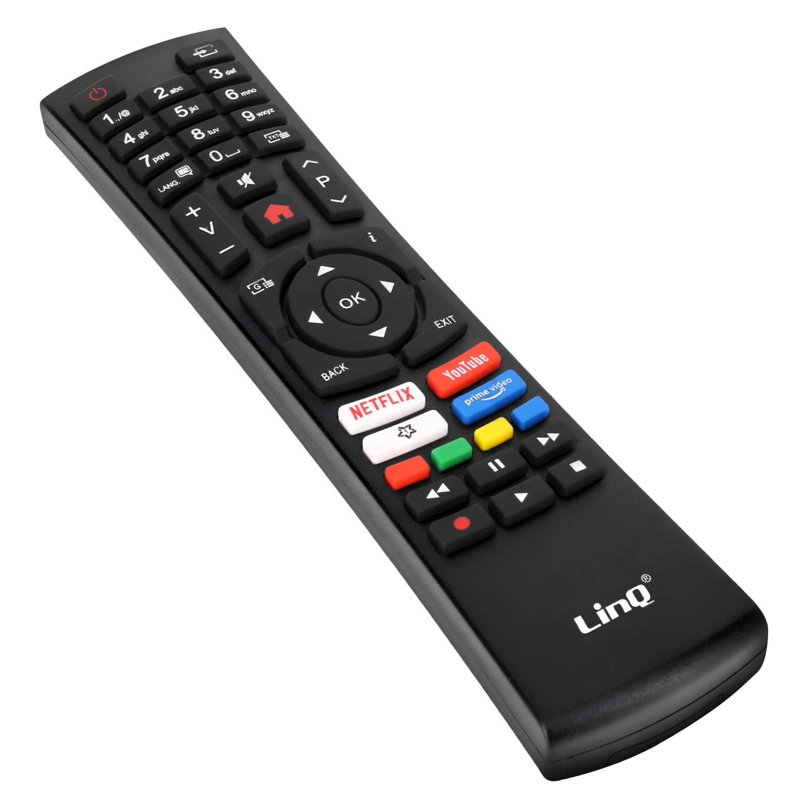 Télécommande noire avec boutons, dont marche/arrêt, chiffres, Netflix, YouTube et contrôle du volume.
