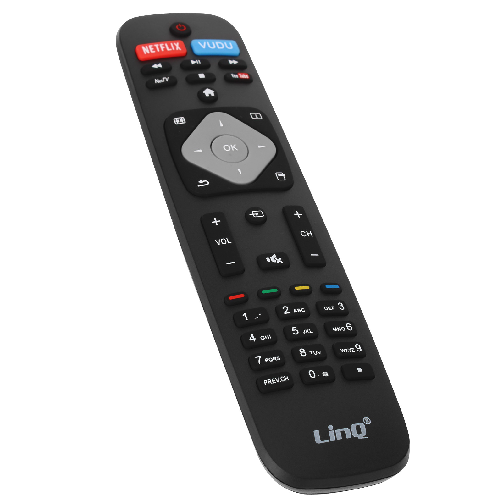 Un control remoto LinQ negro con botones de Netflix y Vudu, volumen y controles de canal sobre un fondo blanco.