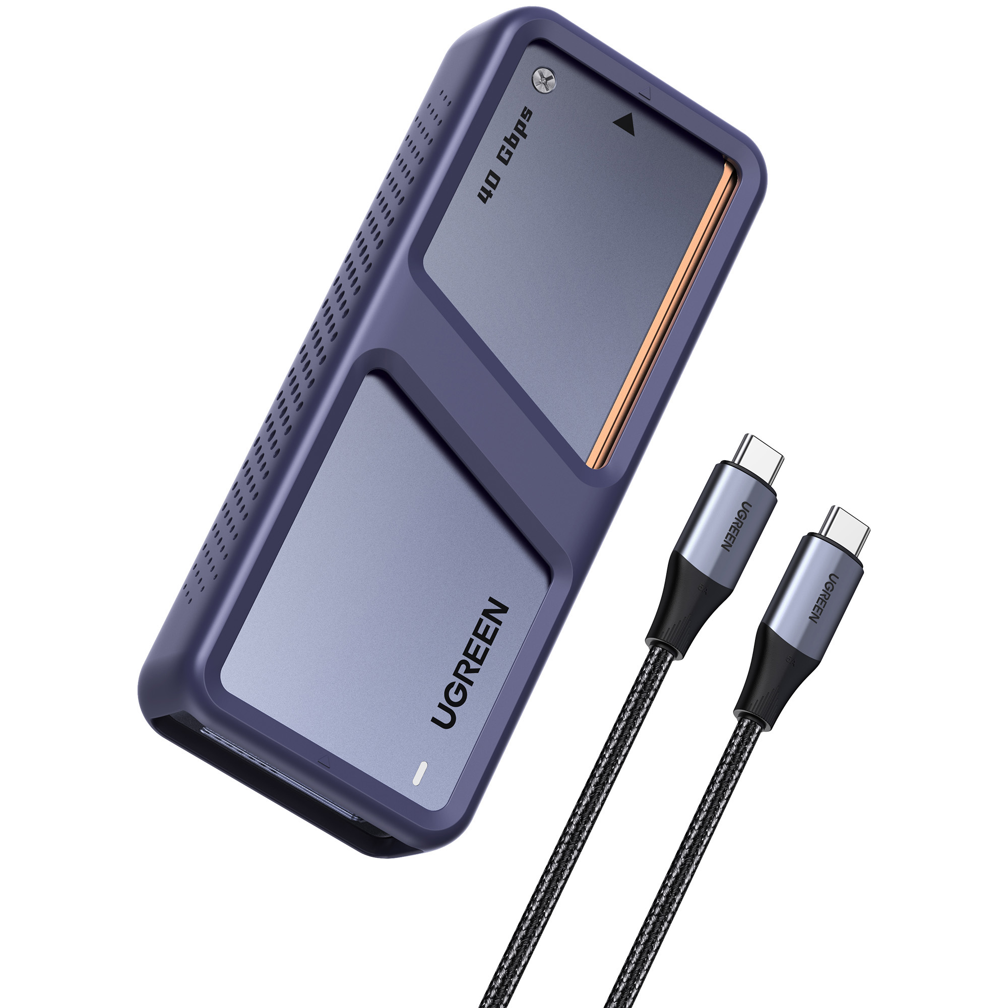Obudowa zewnętrznego dysku SSD UGREEN i dwa kable USB-C na białym tle. Obudowa jest granatowa.