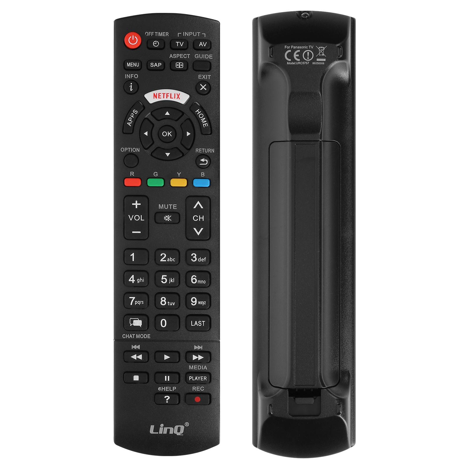 Un mando a distancia negro de Panasonic TV con botones, incluido Netflix. La parte trasera tiene un compartimento para pilas.