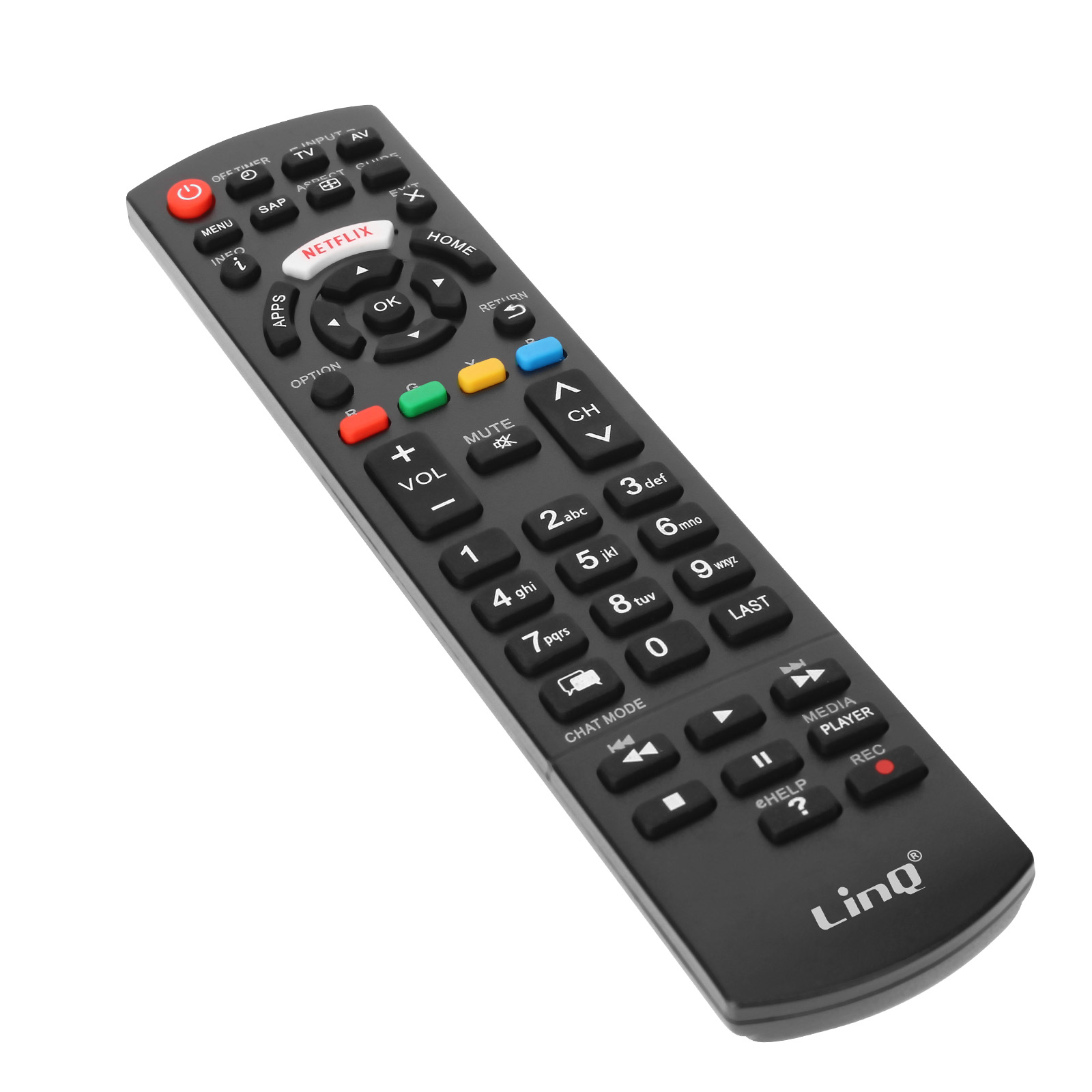 Un mando a distancia de TV negro con muchos botones, incluidos Netflix, volumen y controles de canal. Tiene un botón de encendido.