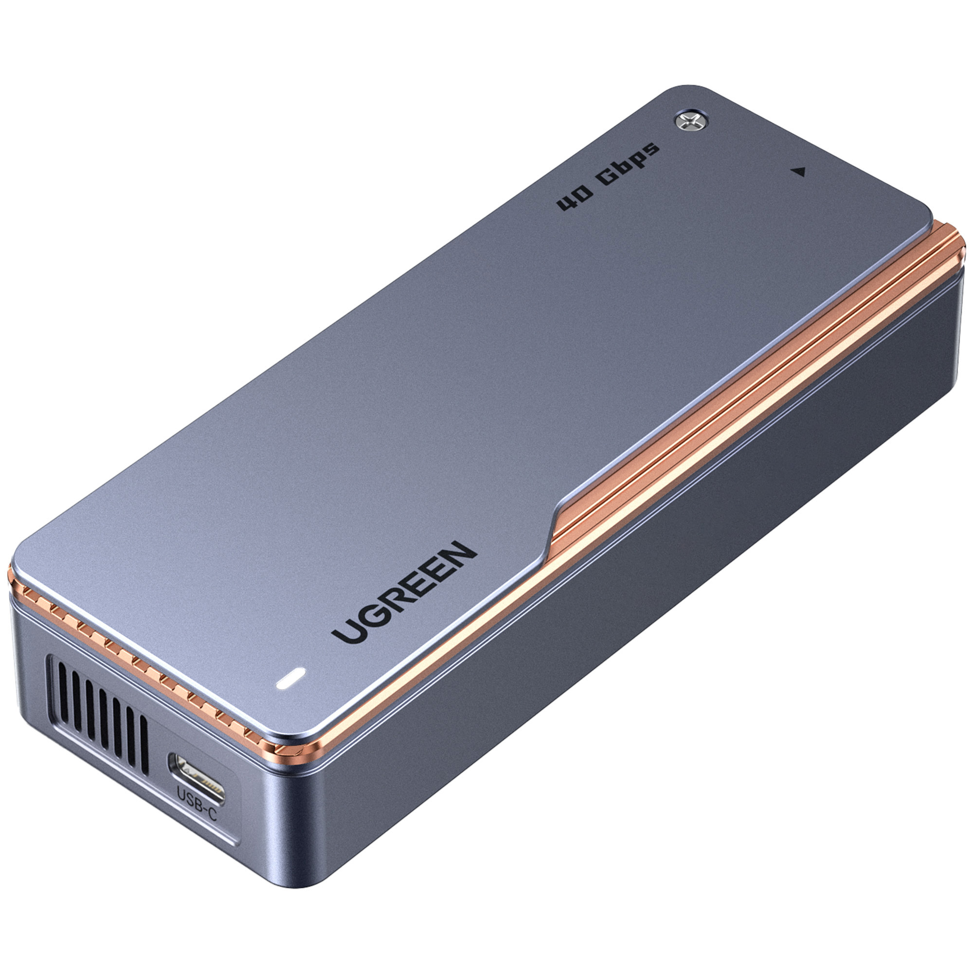 Szara obudowa USB-C UGREEN ze złotym wykończeniem. Ma oznaczenia "40 Gbps" i "USB-C".