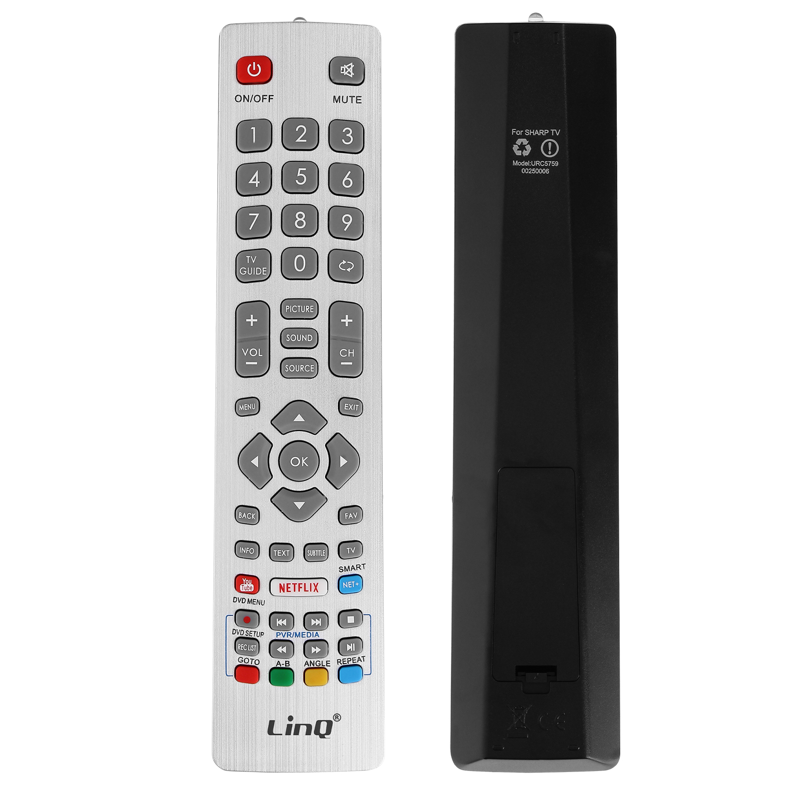 Mando a distancia plateado con parte trasera negra. Botones incluyen encendido, números, Netflix y volumen.