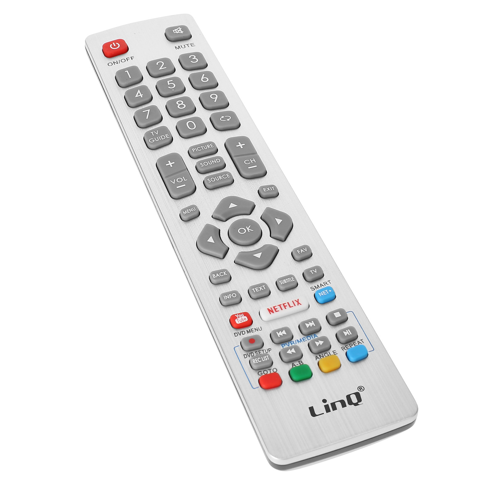 Un mando a distancia plateado con botones como encendido, números, Netflix y control de volumen.