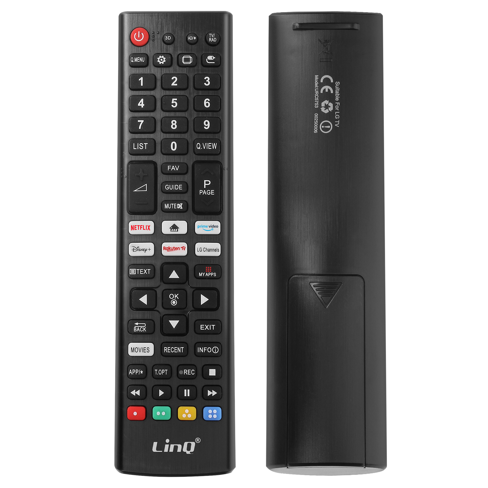 Mando a distancia negro con muchos botones, incluyendo números, Netflix y controles de volumen. La parte trasera es lisa.