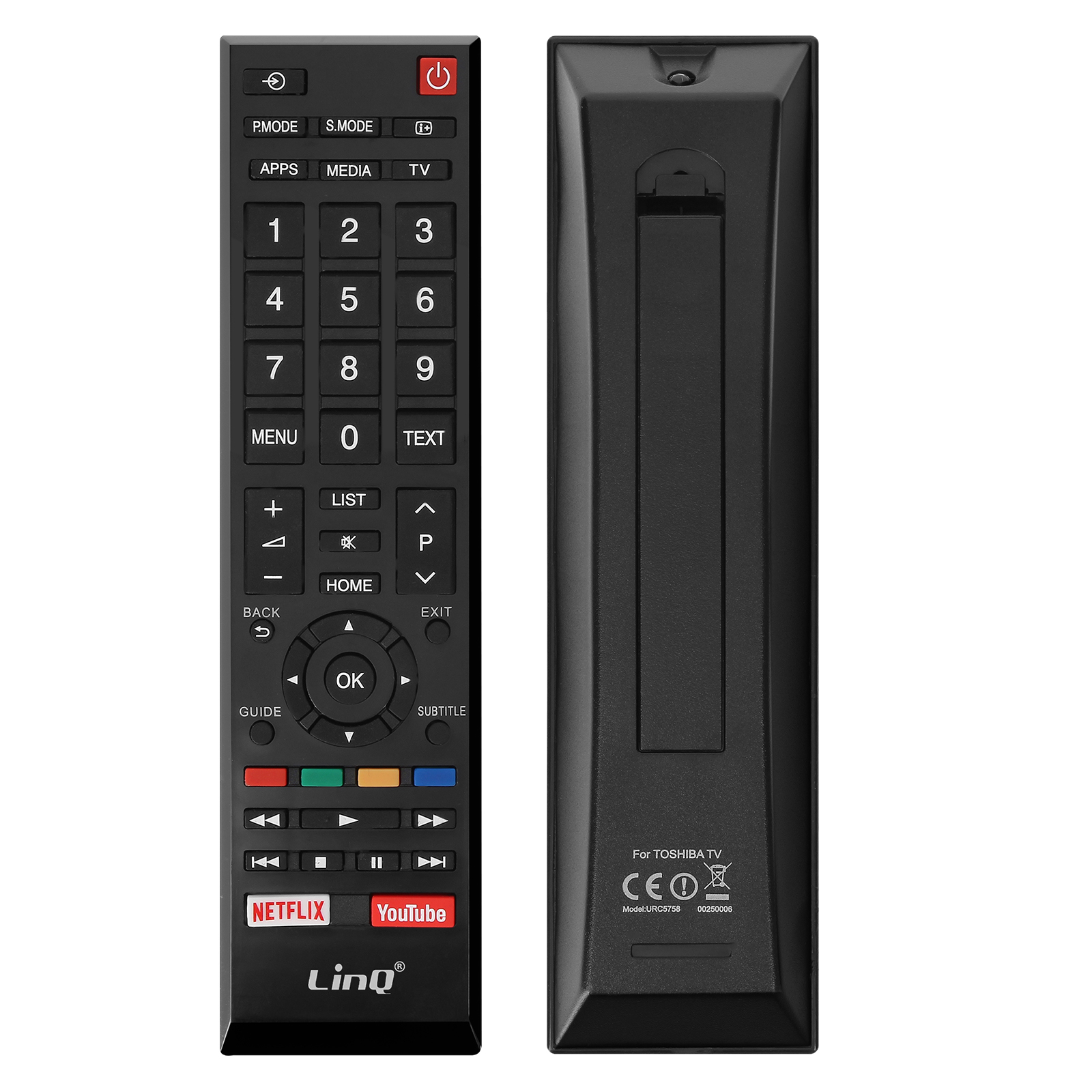 Control remoto negro con botones para funciones de TV. Tiene botones de Netflix y YouTube. La parte trasera es negra.