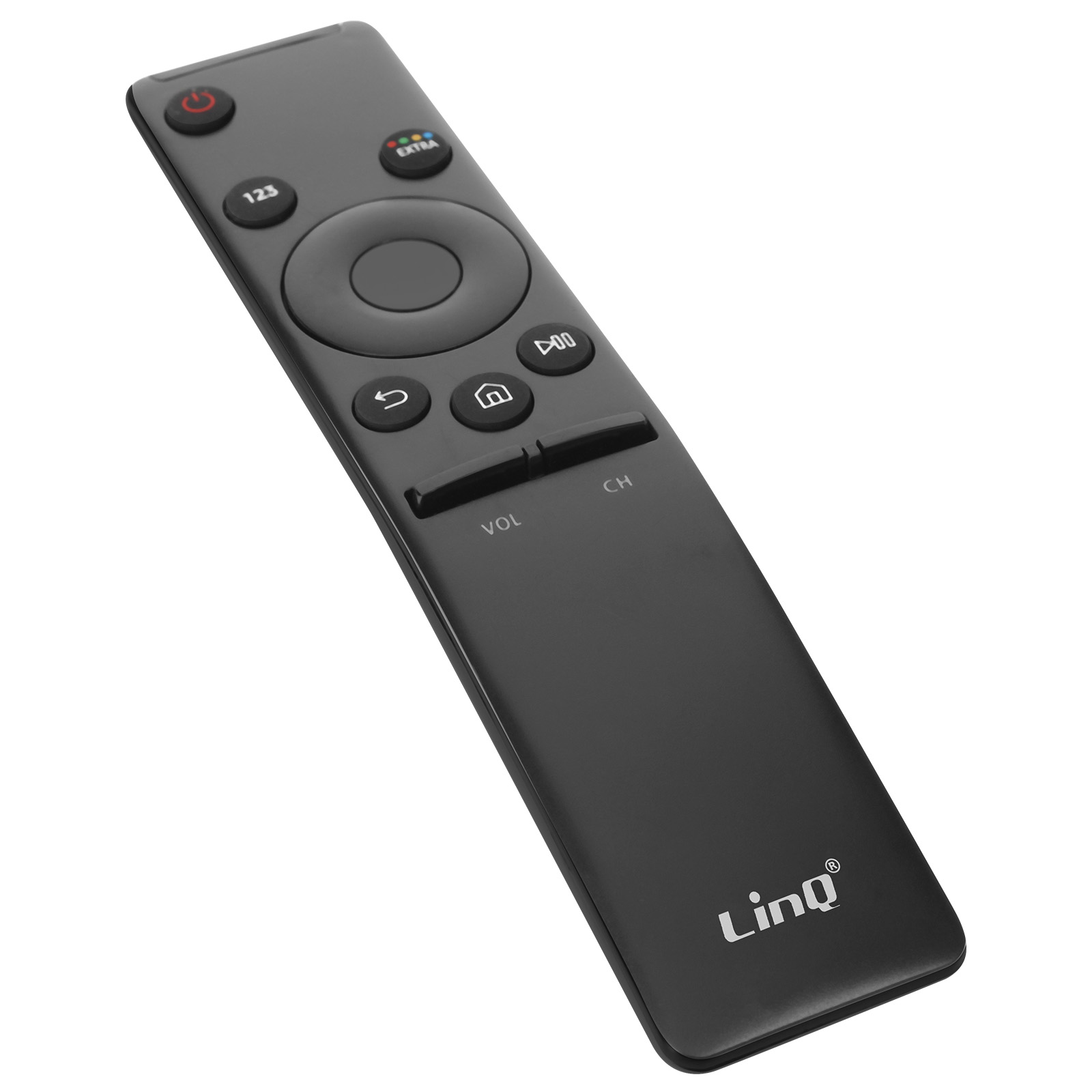 Mando a distancia de TV negro con múltiples botones, incluyendo encendido, volumen y canales, sobre fondo blanco.