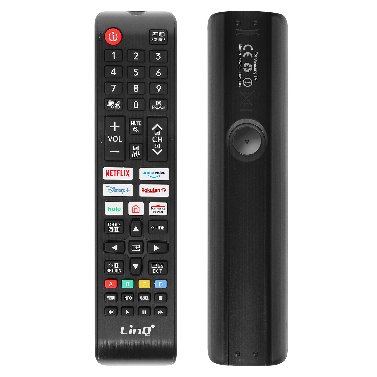 Mando a distancia negro de TV Samsung. Botones incluyen números, Netflix, volumen y controles de canal. Es un mando LinQ.