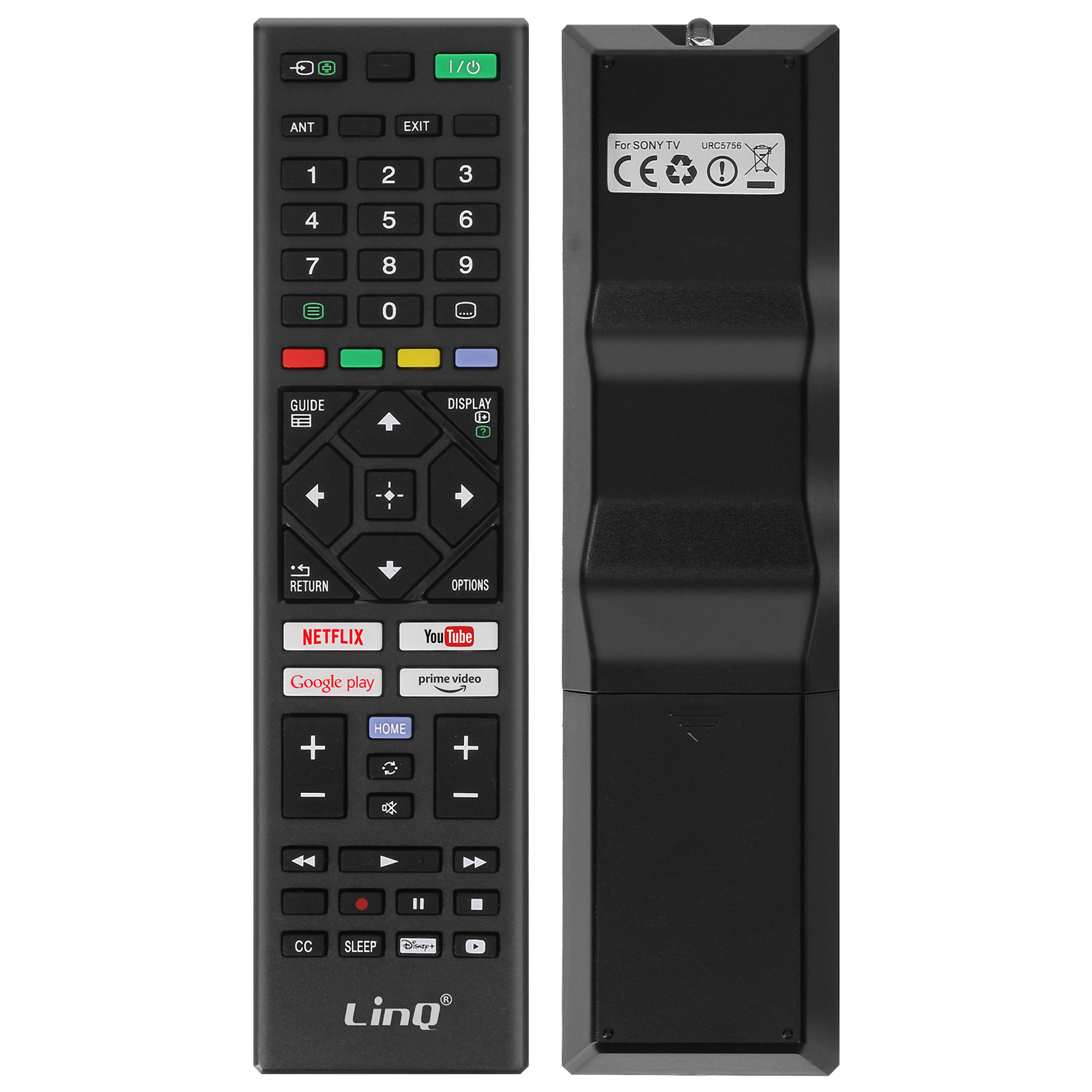 Un mando a distancia negro con botones para números, volumen, Netflix y un botón de encendido. La parte trasera tiene una etiqueta.