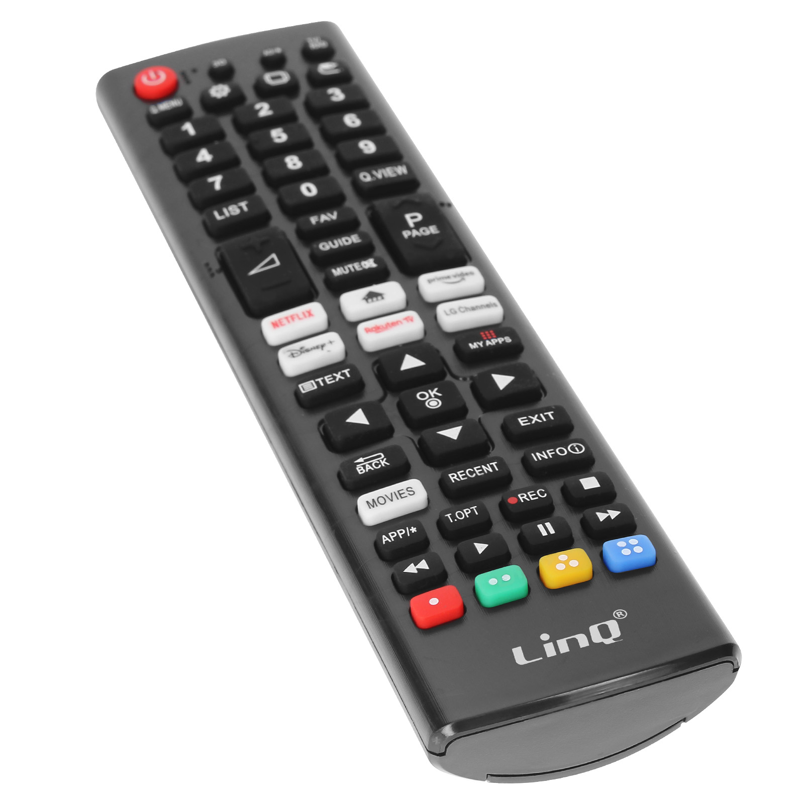 Un mando a distancia negro con muchos botones, incluyendo números, Netflix y botones de colores.