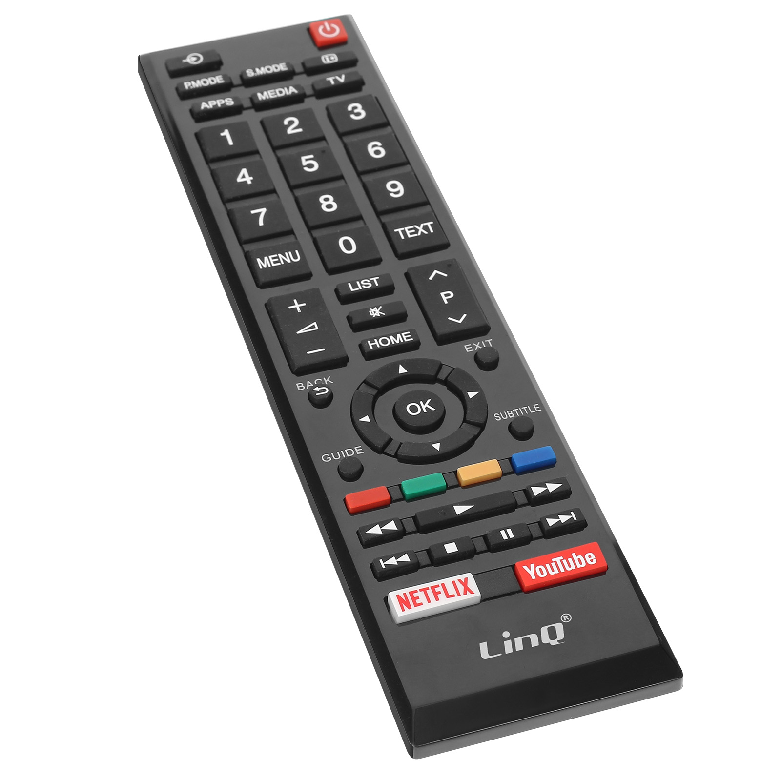 Un mando a distancia negro con muchos botones, incluyendo números, teclas de Netflix y YouTube.