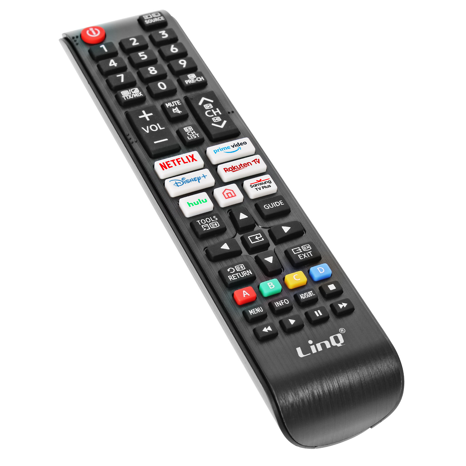 Un mando a distancia de TV negro con botones para Netflix, Disney+ y números. La marca es LinQ.