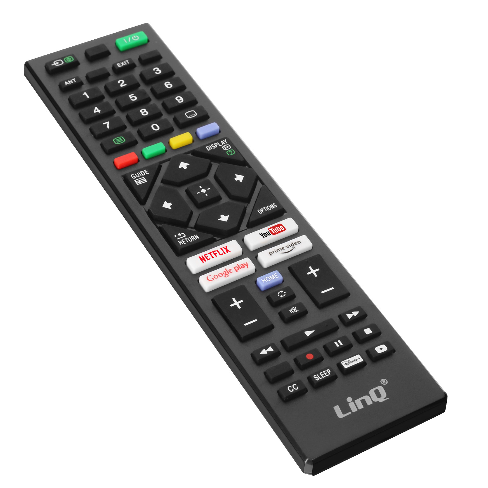 Mando a distancia negro con botones. Tiene botones de Netflix, YouTube, volumen, canal y encendido.