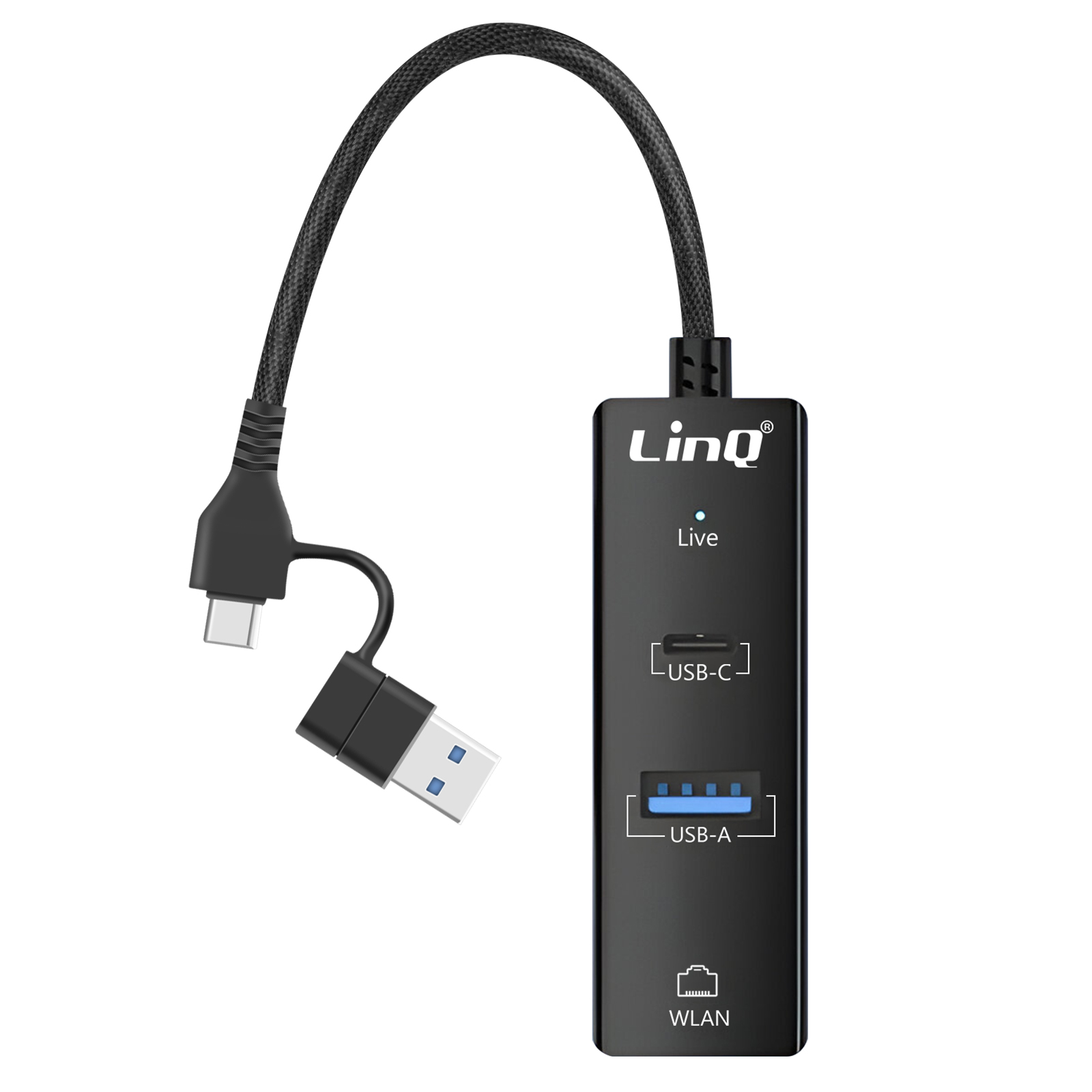Schwarzer LinQ USB-Hub mit USB-C- und USB-A-Anschlüssen, verbunden mit einem schwarzen Kabel. WLAN-Symbol unten.