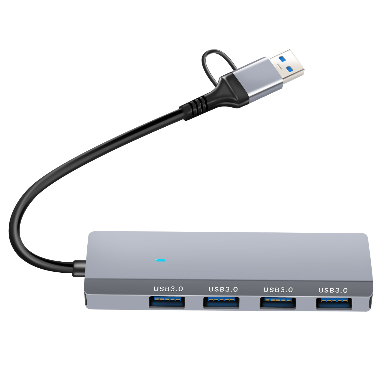 Ein grauer USB-Hub mit vier USB 3.0-Anschlüssen. Er hat ein schwarzes Kabel und einen USB-Anschluss. Der Hintergrund ist weiß.
