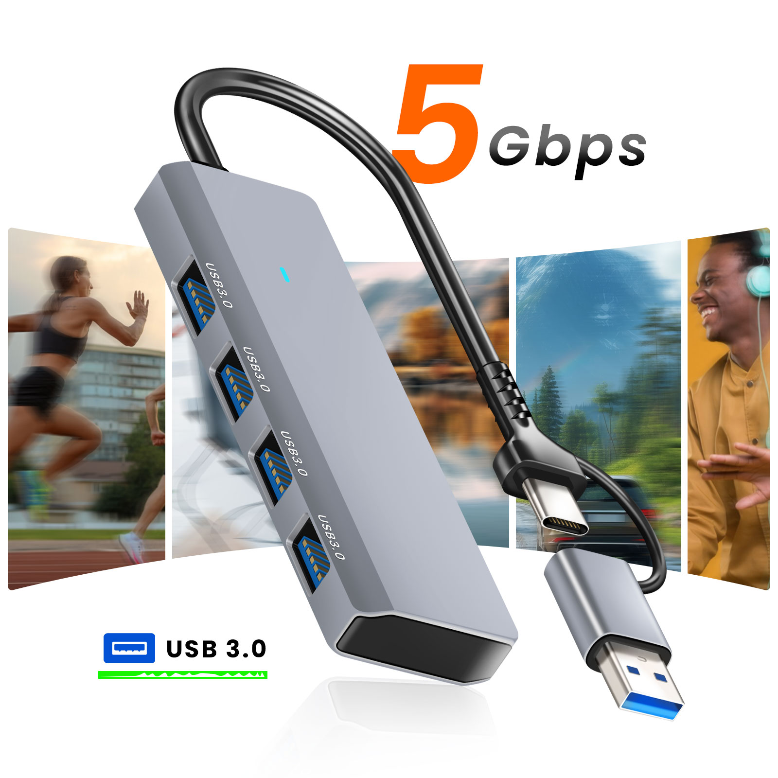 Grauer USB-Hub mit mehreren Anschlüssen, einem schwarzen Kabel und einem USB 3.0-Logo. Hintergrund: Läuferin, Auto und Mann.