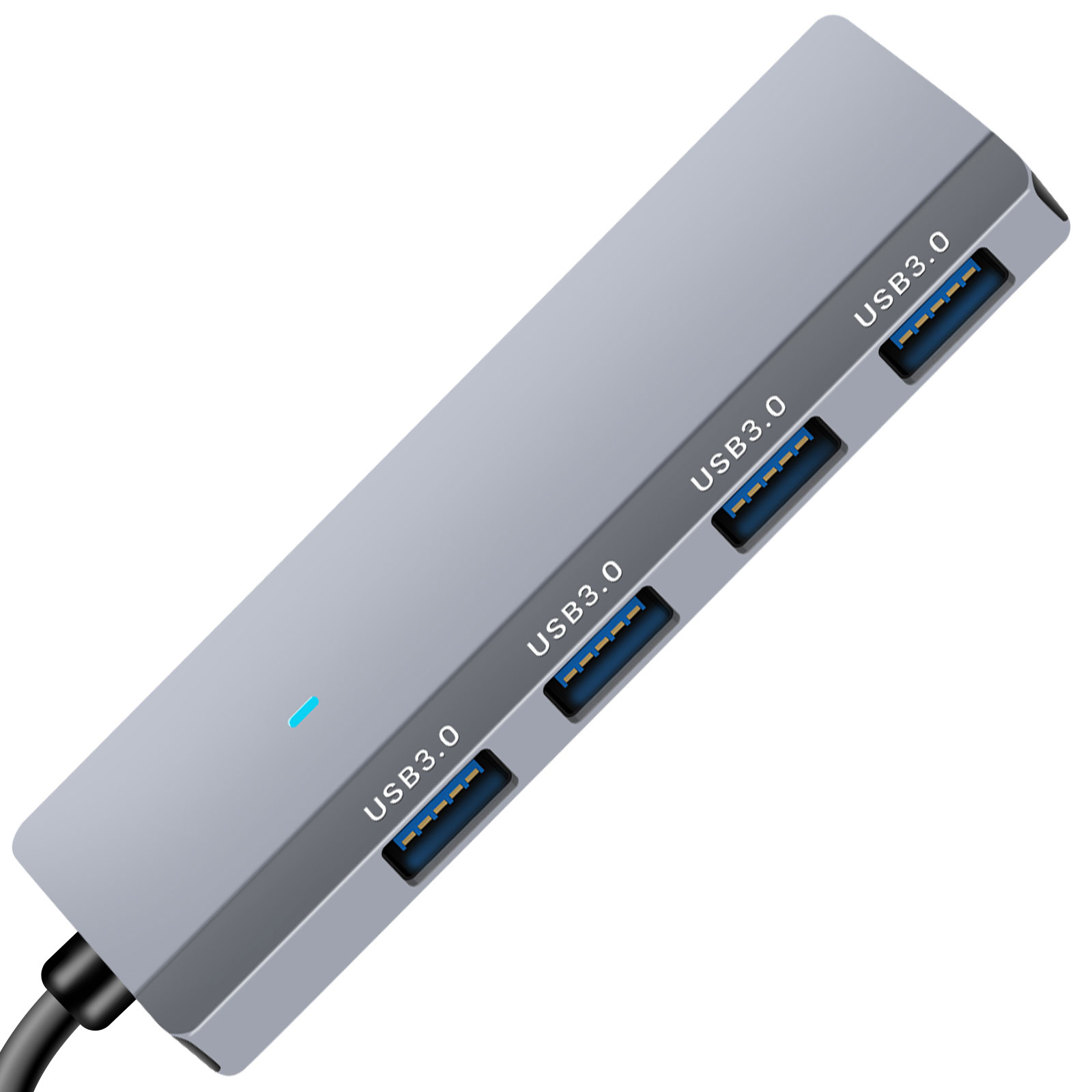 Ein grauer USB-Hub mit vier USB 3.0-Anschlüssen. Ein blaues Licht zeigt die Stromversorgung an. Ein schwarzes Kabel ist angeschlossen.