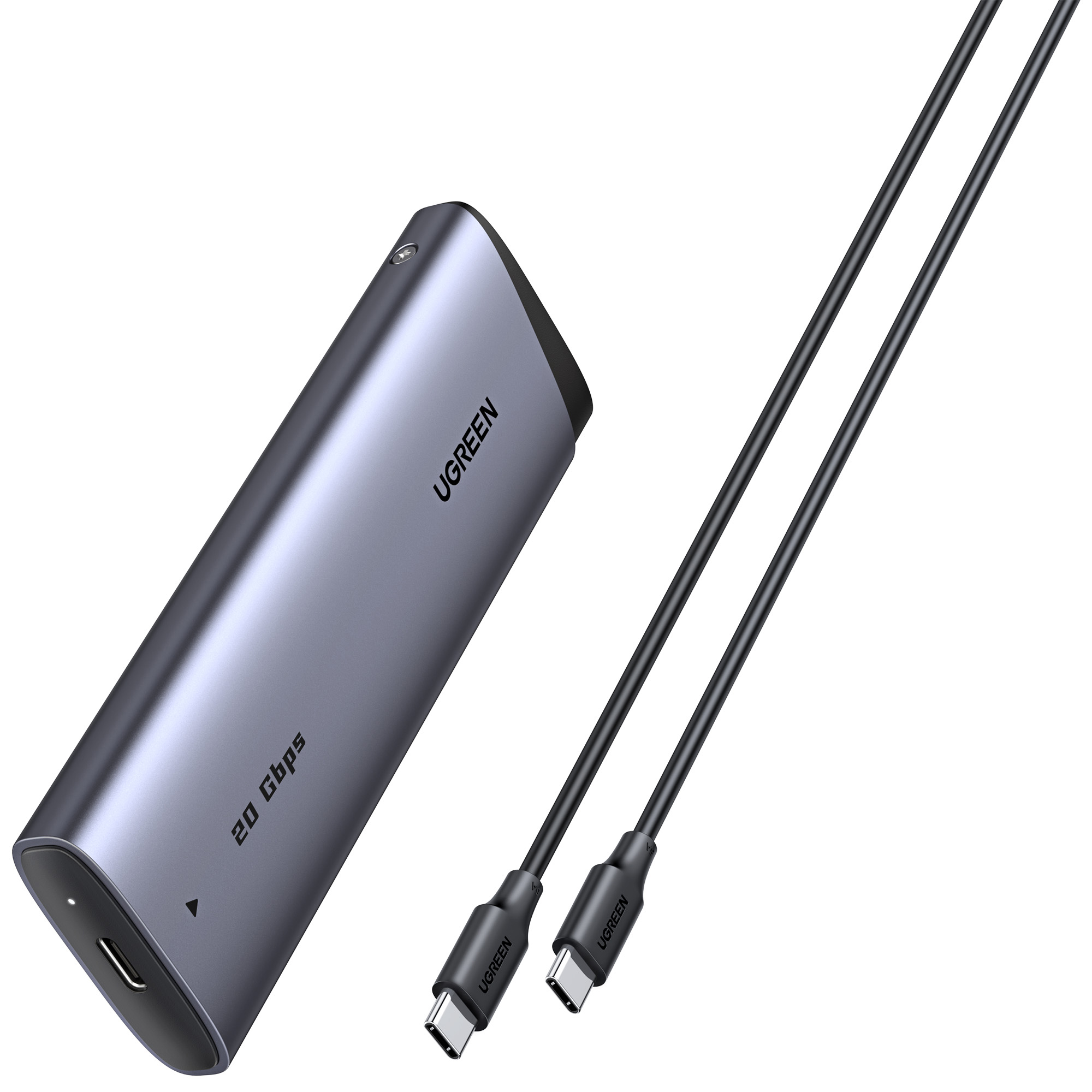 Szary zewnętrzny dysk twardy UGREEN 20 Gbps z dwoma czarnymi kablami na białym tle.