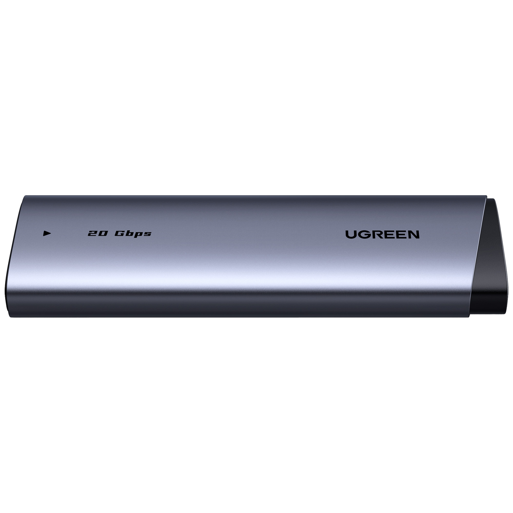 Szare urządzenie UGREEN 20 Gbps. Jest prostokątne z zaokrąglonymi krawędziami i czarnymi akcentami. Widoczne jest logo UGREEN.
